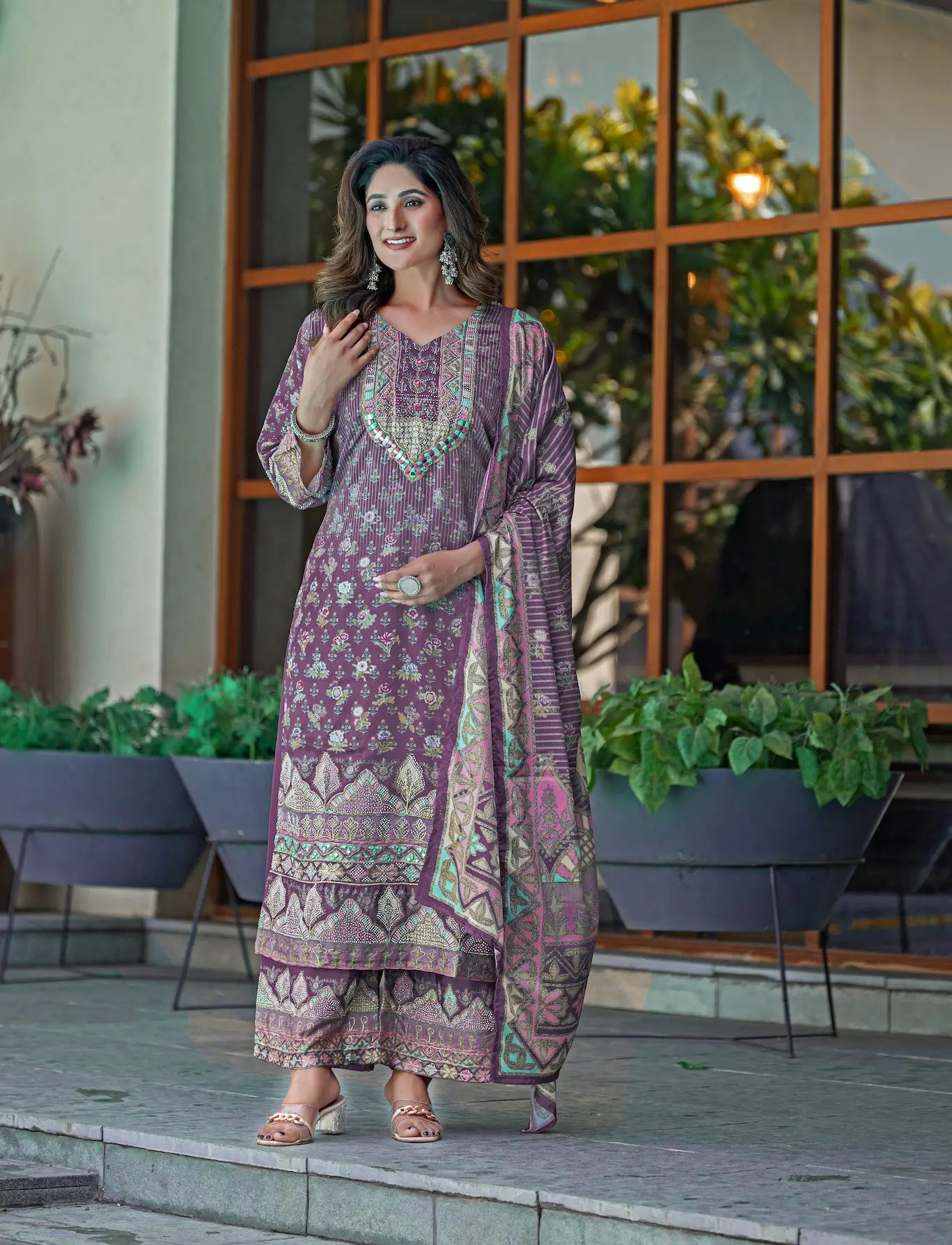 Dusty Purple Chinon Salwar Suit With Print & Hand Work - qivii