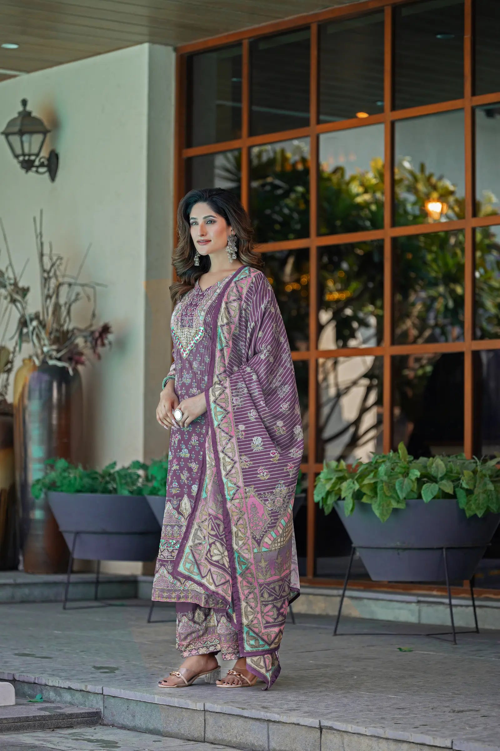 Dusty Purple Chinon Salwar Suit With Print & Hand Work - qivii
