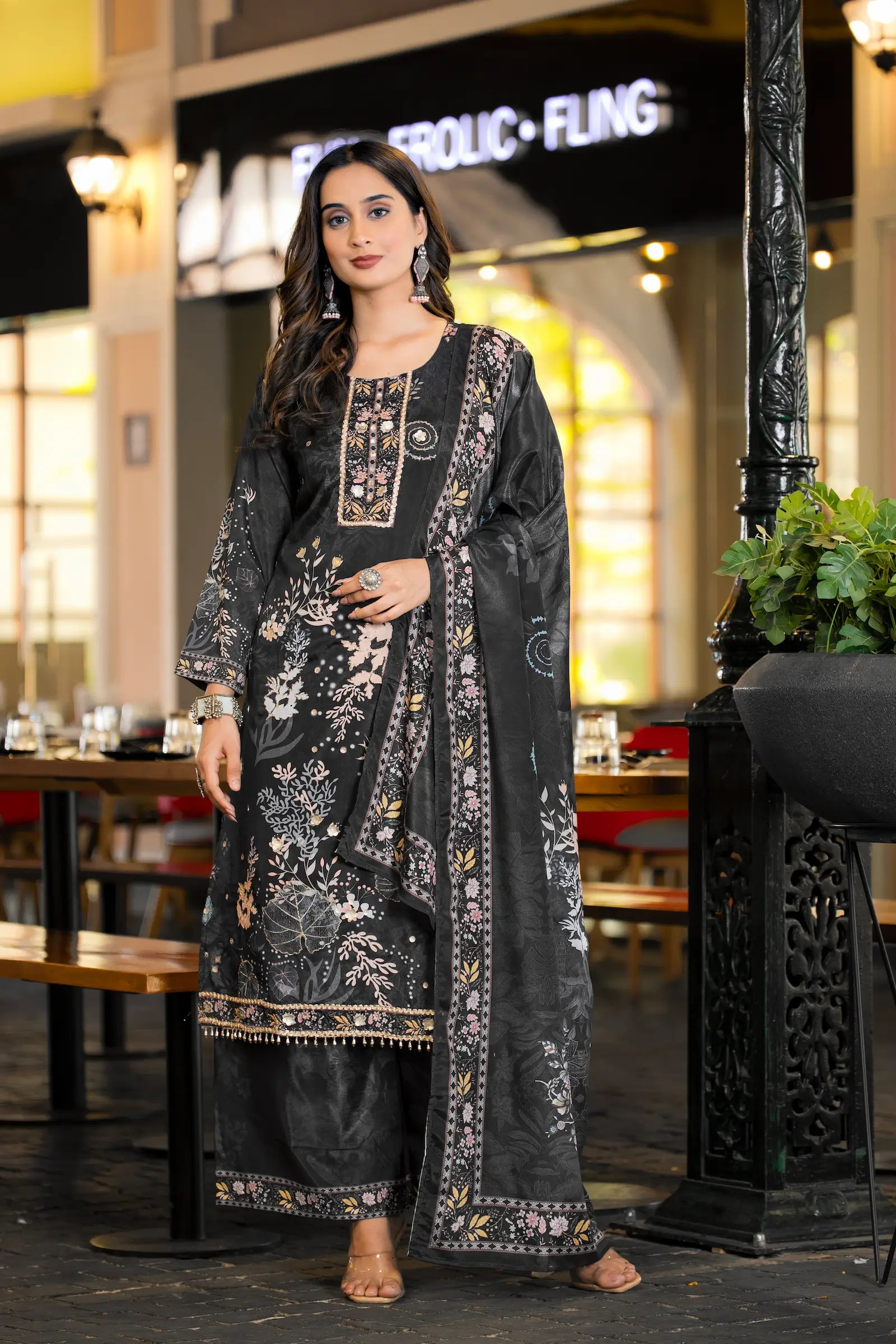 Black Chinon Salwar Suit With Print & Hand Work - qivii