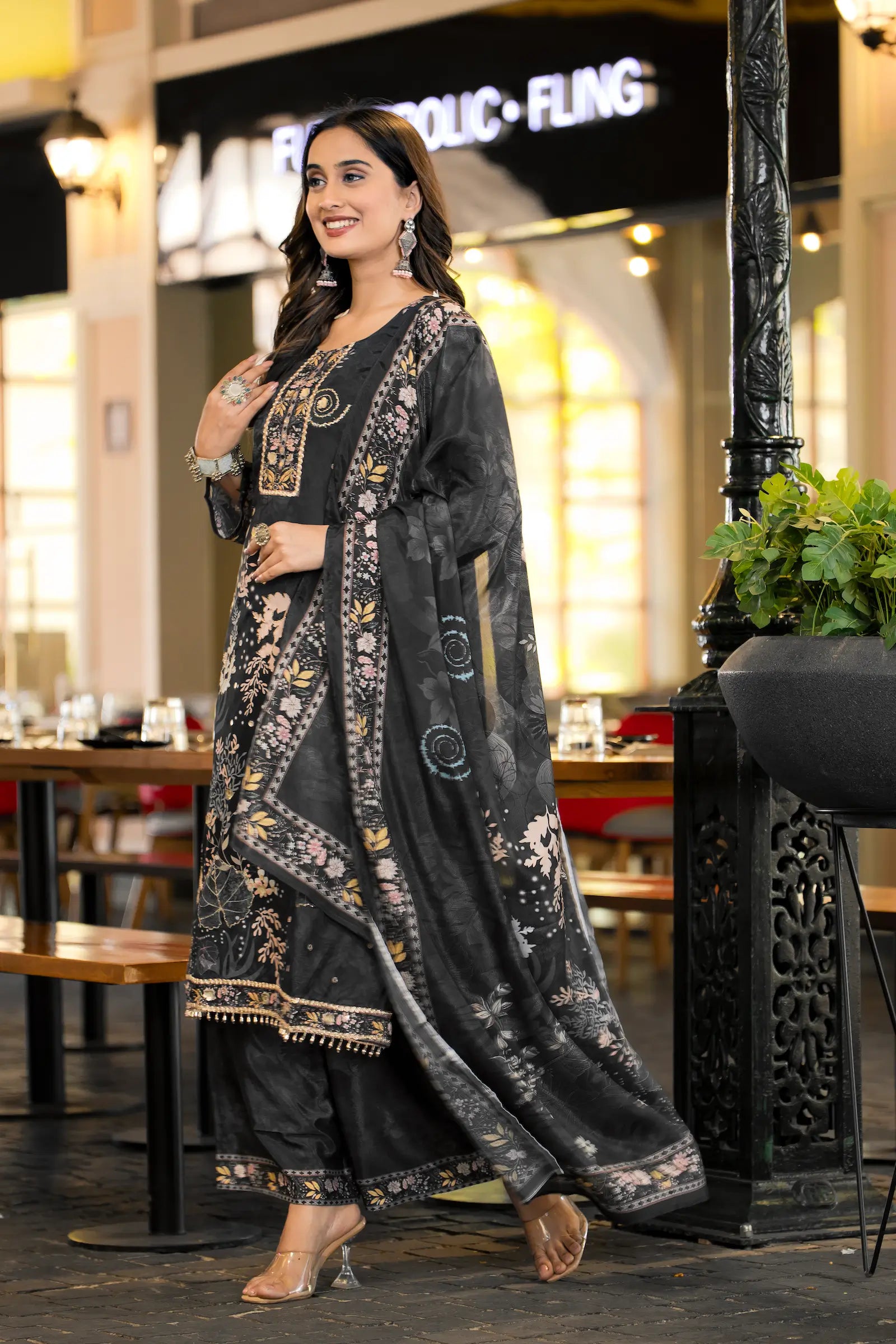 Black Chinon Salwar Suit With Print & Hand Work - qivii