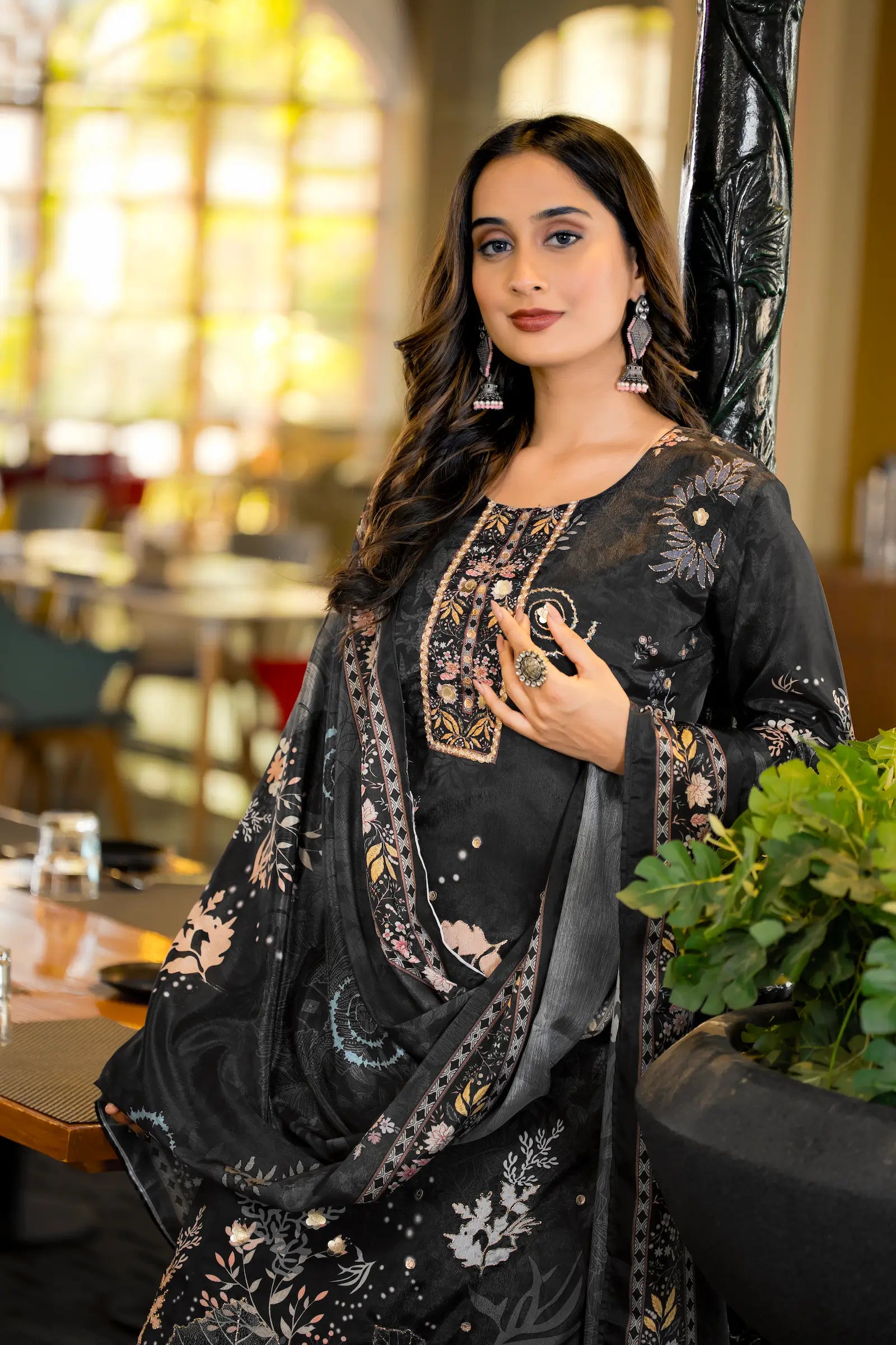 Black Chinon Salwar Suit With Print & Hand Work - qivii