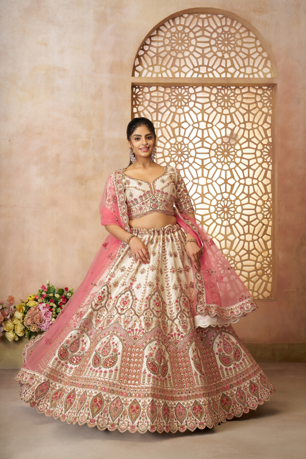Whimsical White Imperial Patterned Bridal Lehenga - qivii