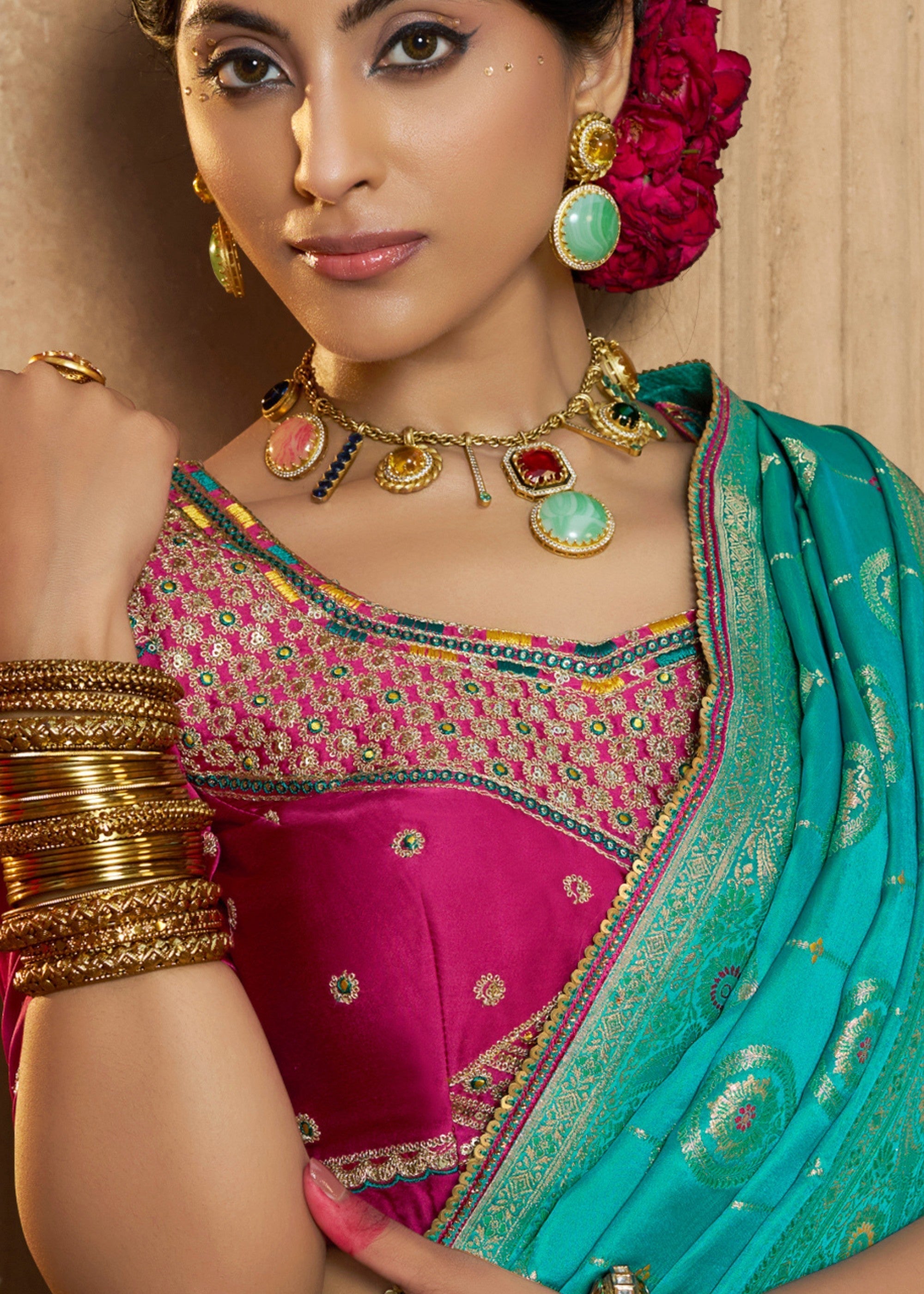 Persian Green Satin Silk Saree With Beautiful Lace Border And Heavy Designer Embroidered Blouse - qivii