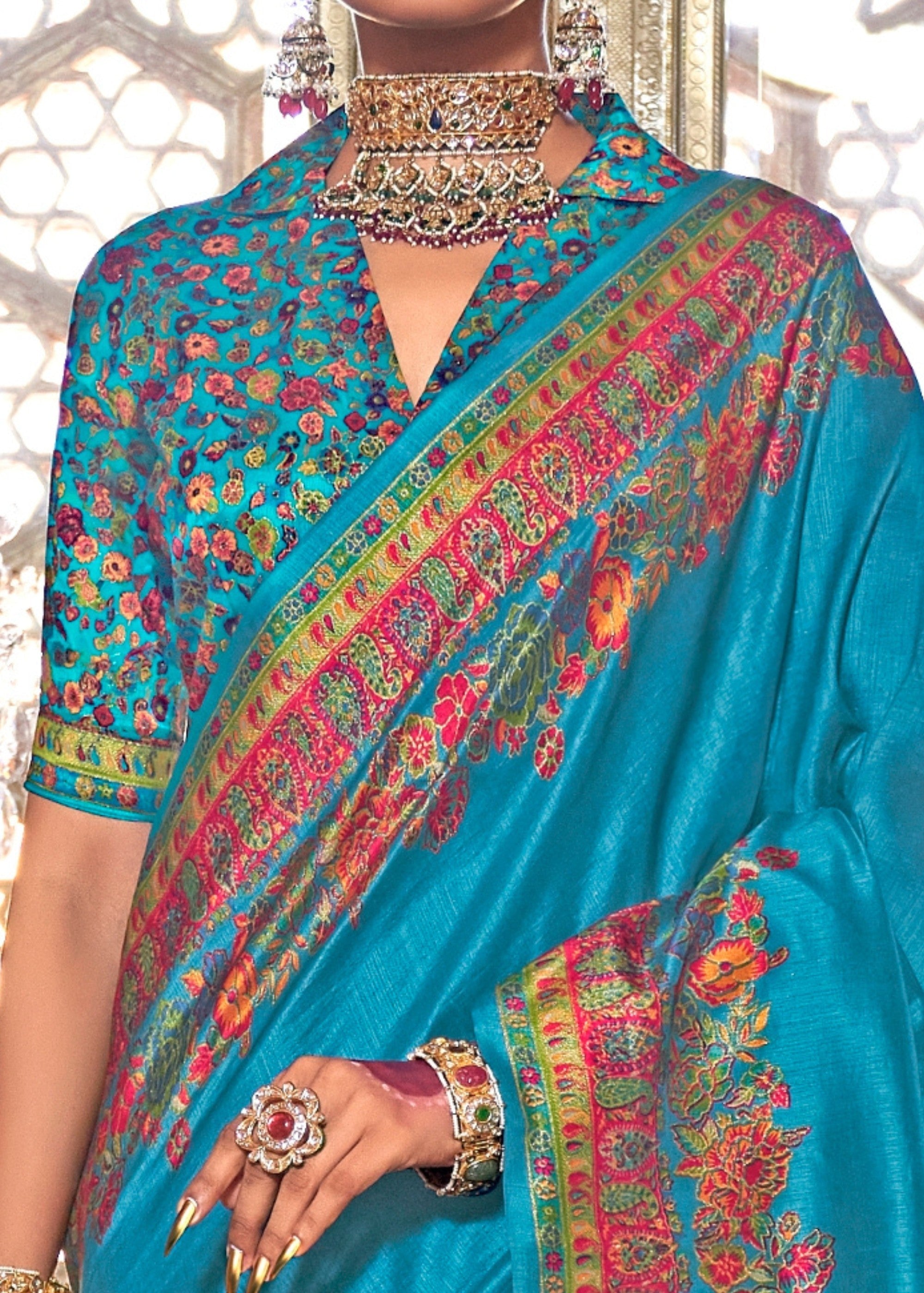 Azure Blue Silk Saree With Luxury Print And Glory Finish - qivii