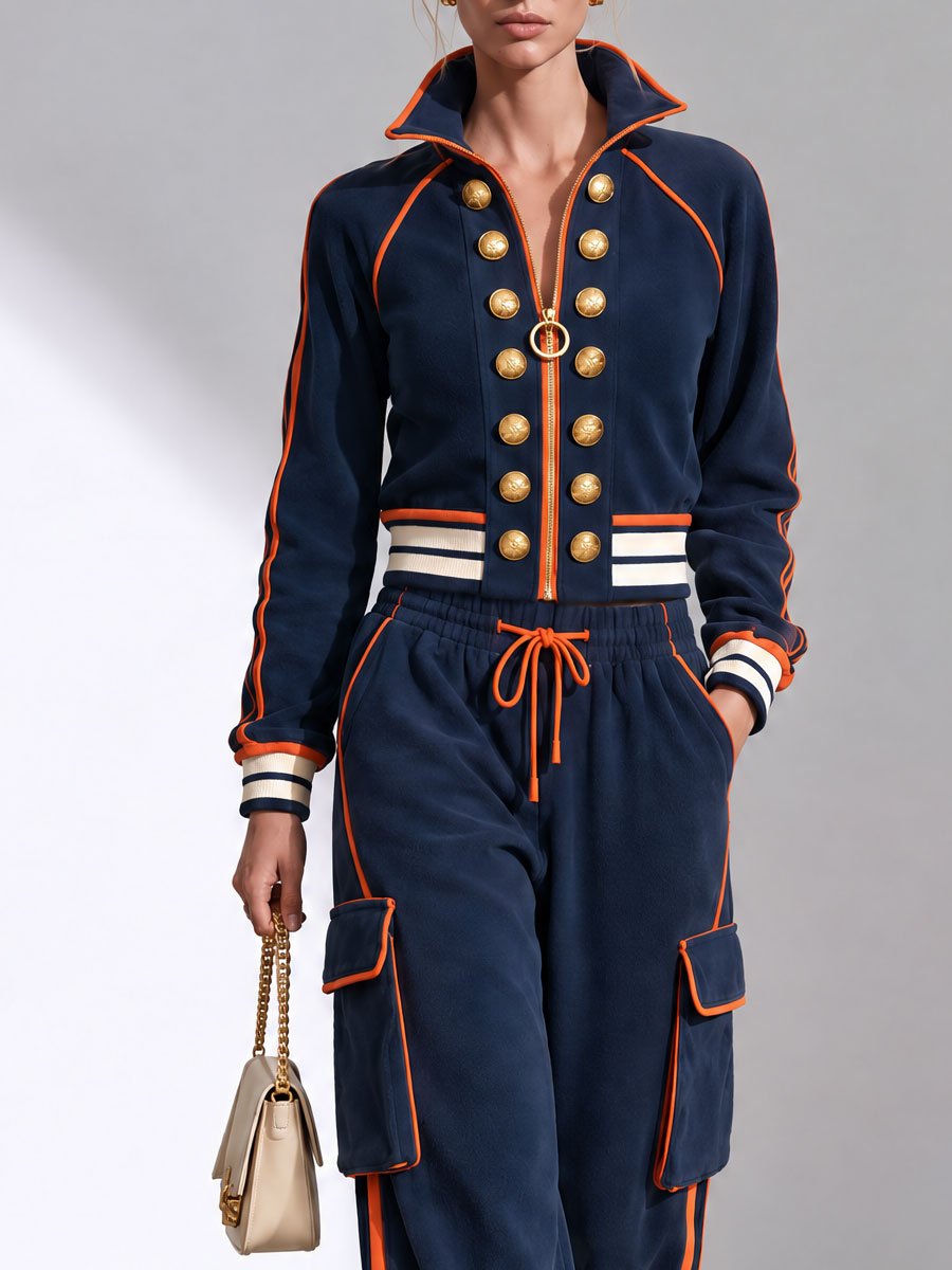 Sporty Retro Double-breasted Decorative Button-down Blue Jacket And Trousers Set - By Qivii