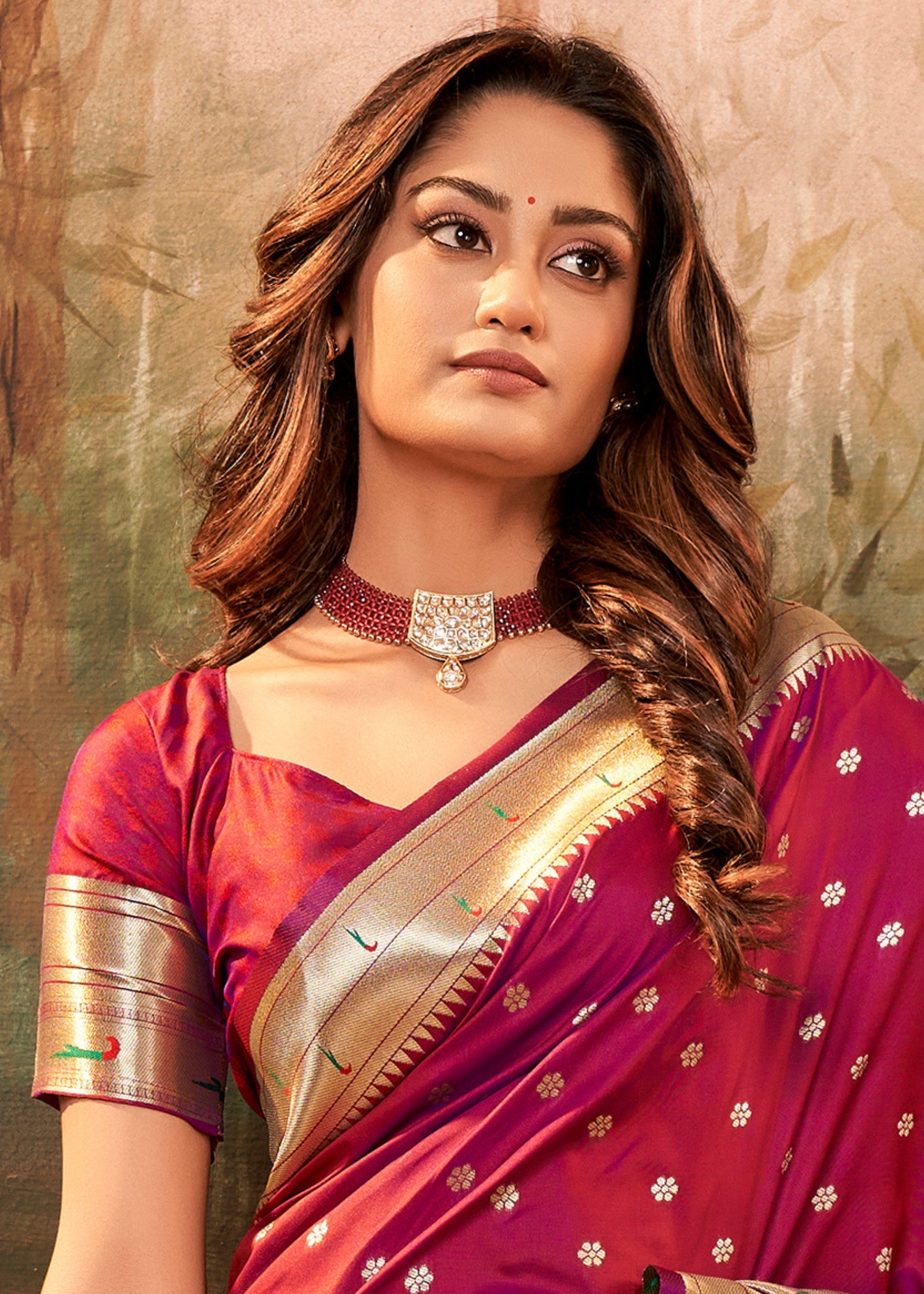 Burgundy Red Paithani Silk Saree With Zari Weaving - qivii