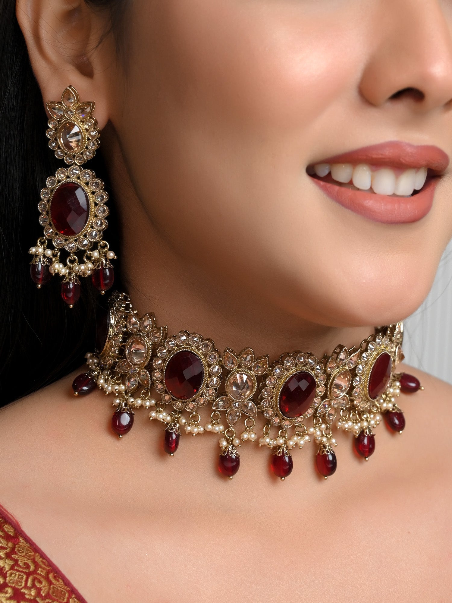 Aadhya Maroon Polki Choker Set - qivii