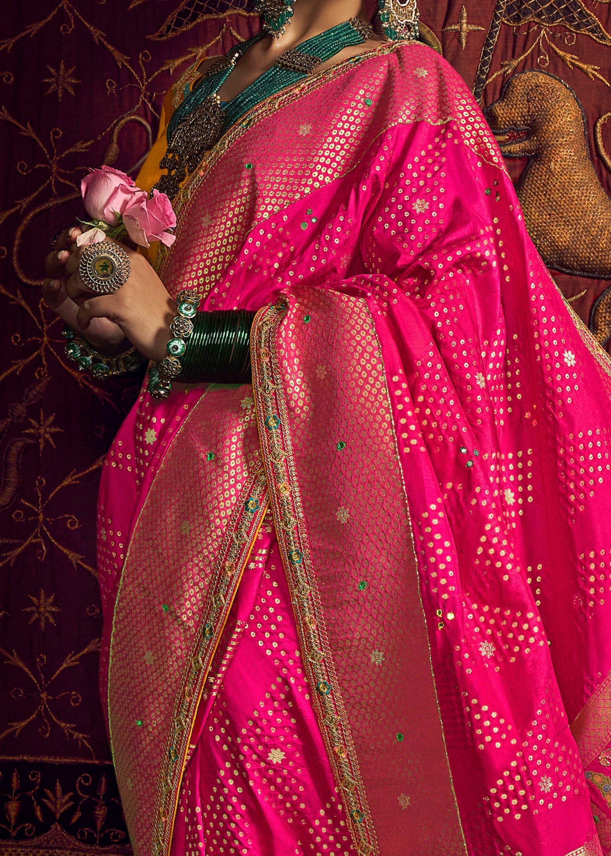 Brink Pink Pure Viscose Dola Silk Saree With Handwork On Blouse And Pallu - qivii