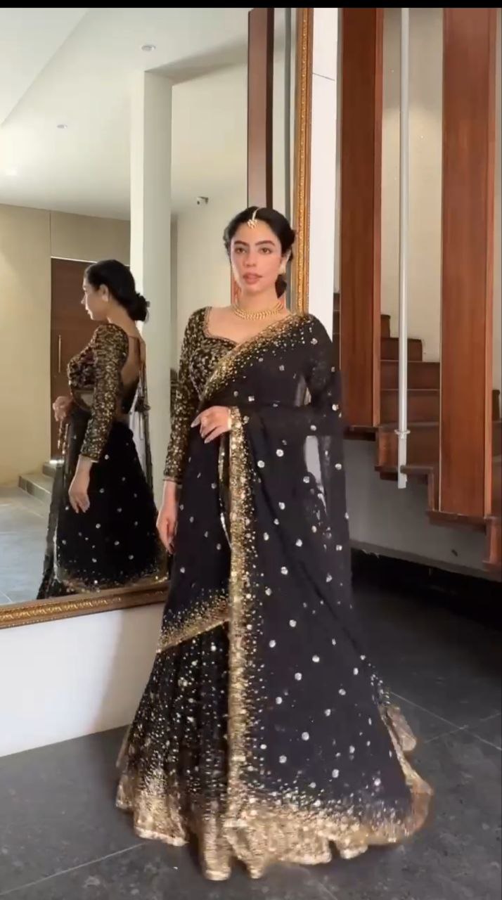 Black Premium Georgette Embellished With Beautiful Embroidery Work , Heavy Sequins Work Lehenga - INSPIRED | Ready To Wear - qivii