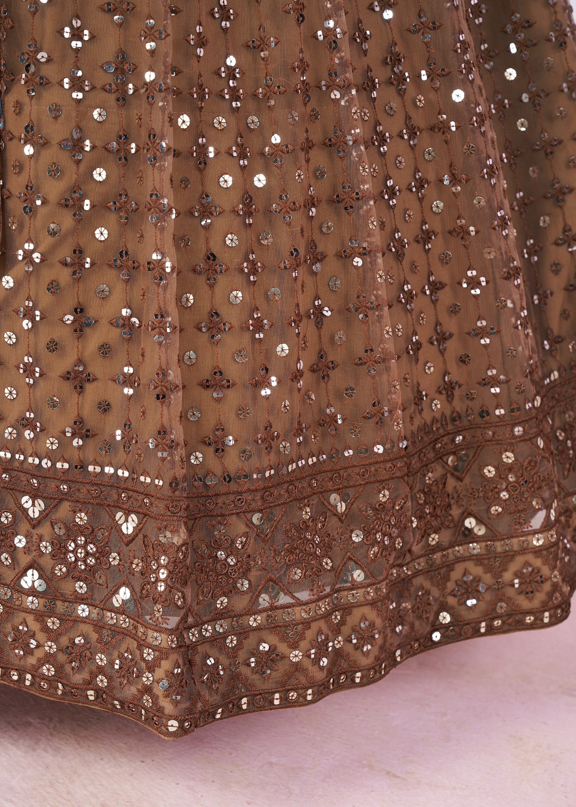 Cinnamon Brown Net Lehenga Choli With Sequins And Thread Embroidery Work | Ready To Wear - qivii