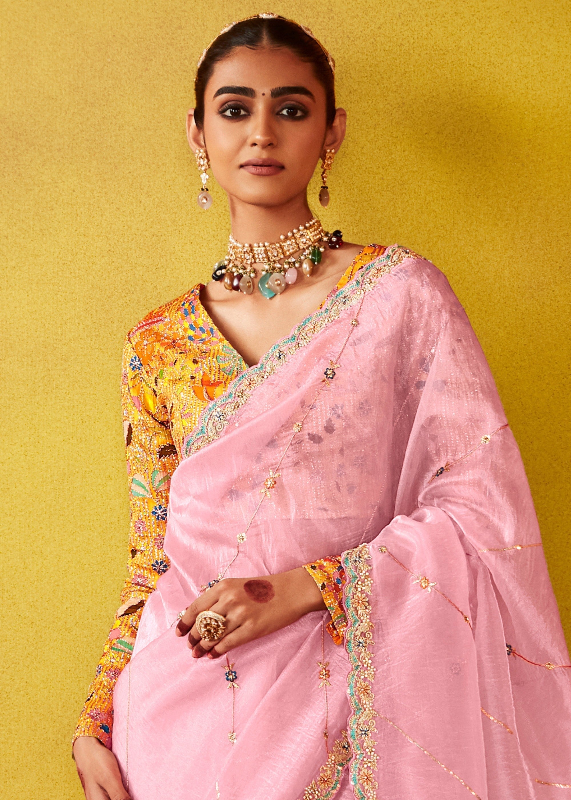 Soft Pink Glass Tissue Silk Saree With Sequins And Thread Embroidered Work - qivii