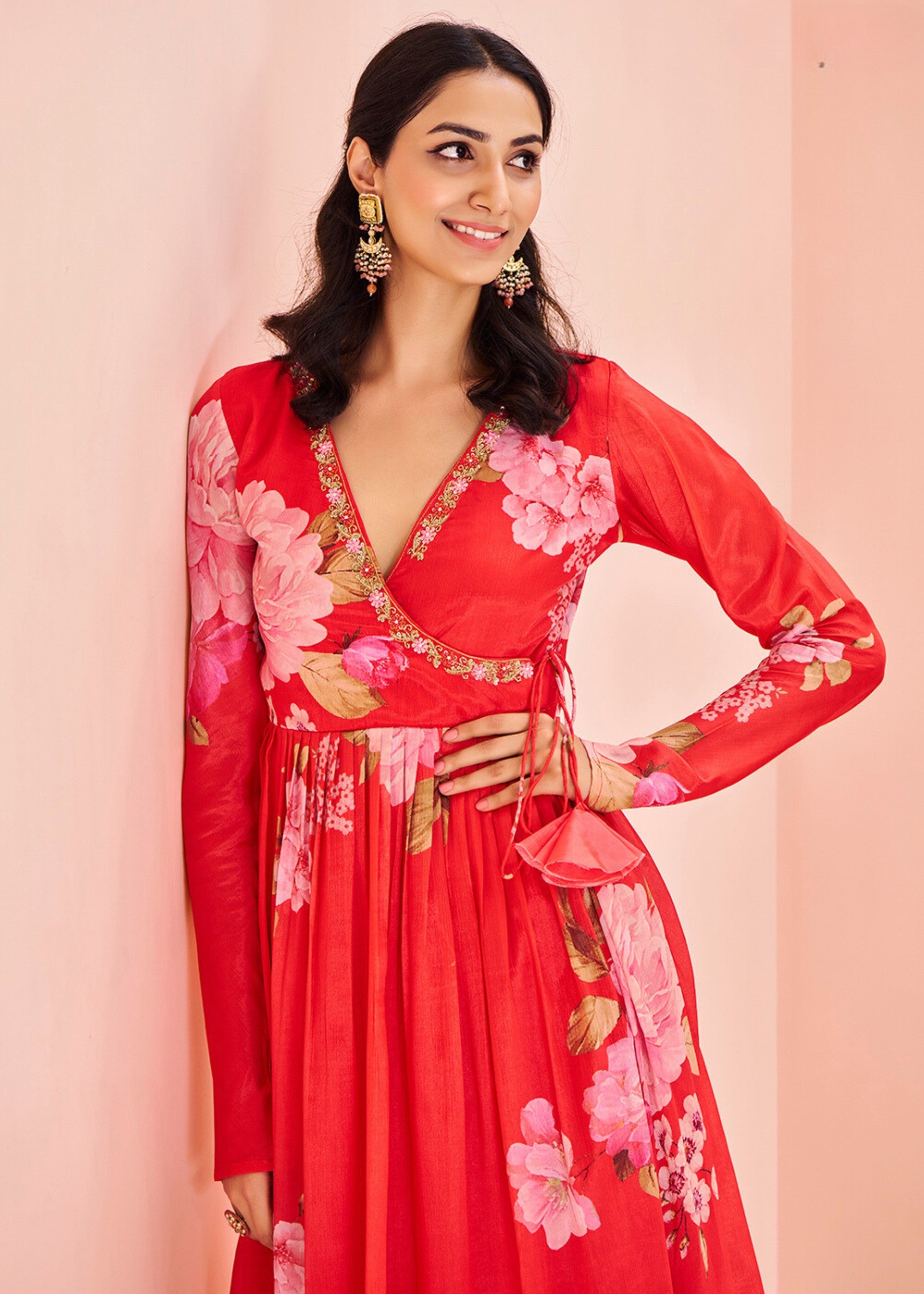 Chinon Red Handwork Kurta with Pant - qivii