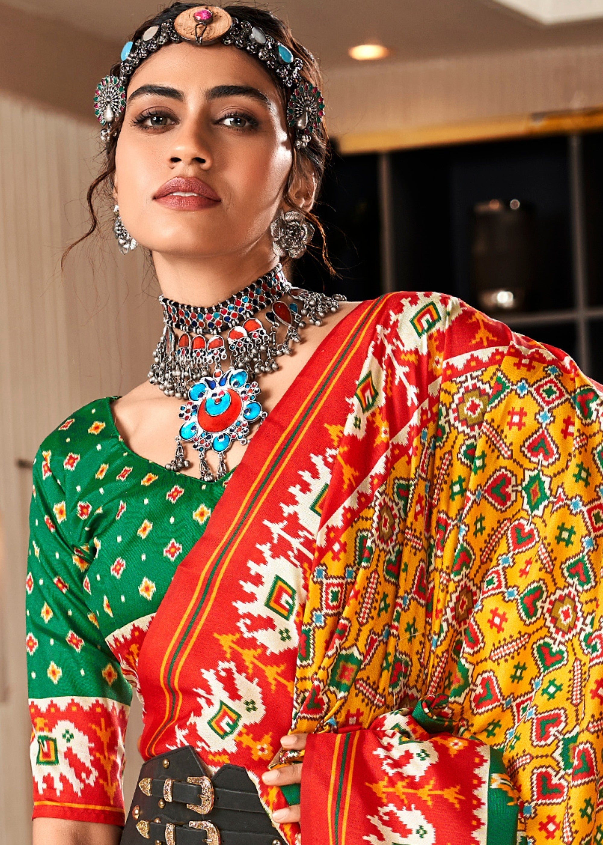 Saffron Yellow Tussar Silk Saree With Beautiful Patola Print - qivii