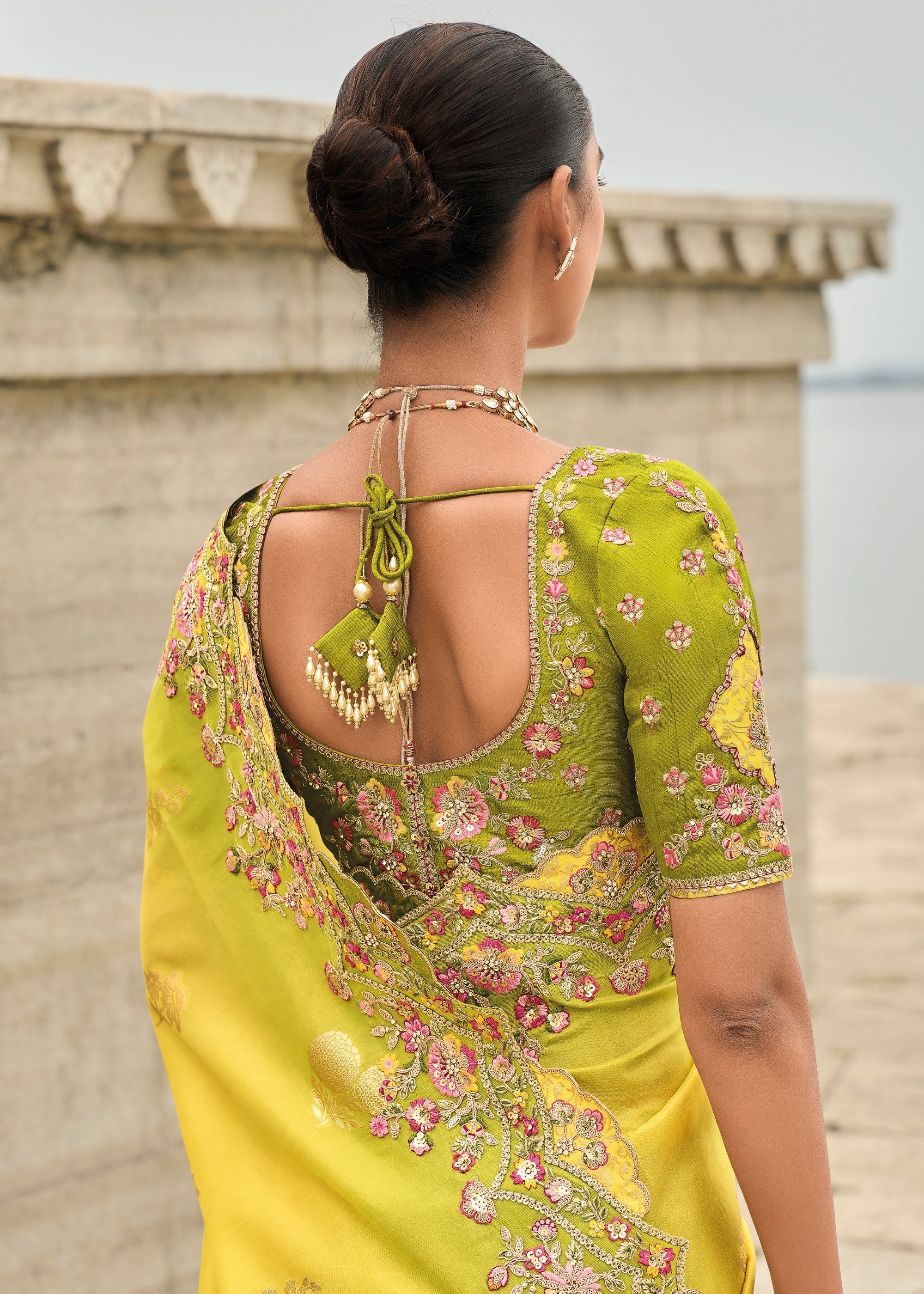 Bright Yellow Viscose Tissue Silk Saree With Embroidery Cut Work Border And Sequence Work - qivii