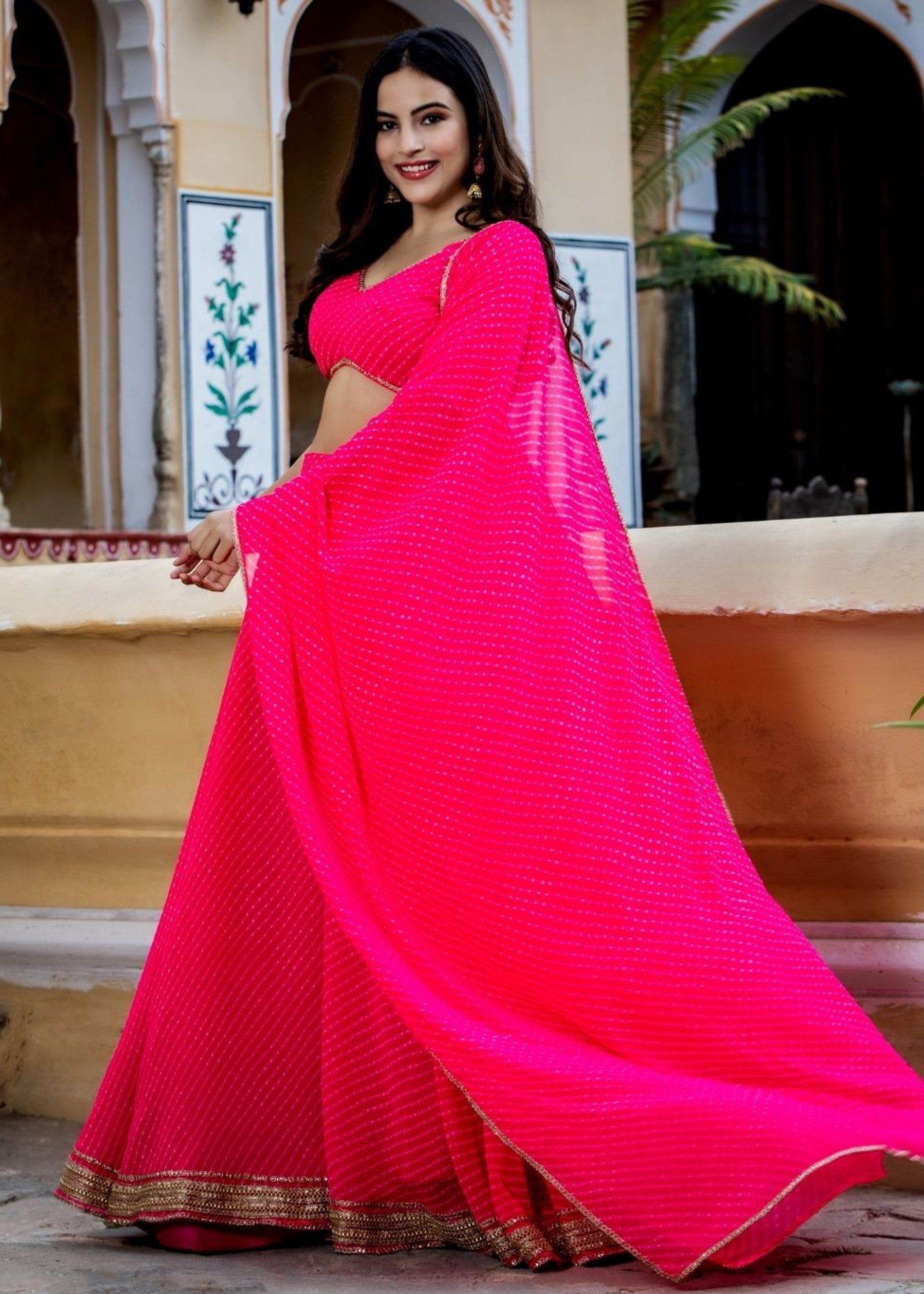 Hot Pink Georgette Leheriya Print Lehenga With Zari And Lace Work | Ready To Wear - qivii