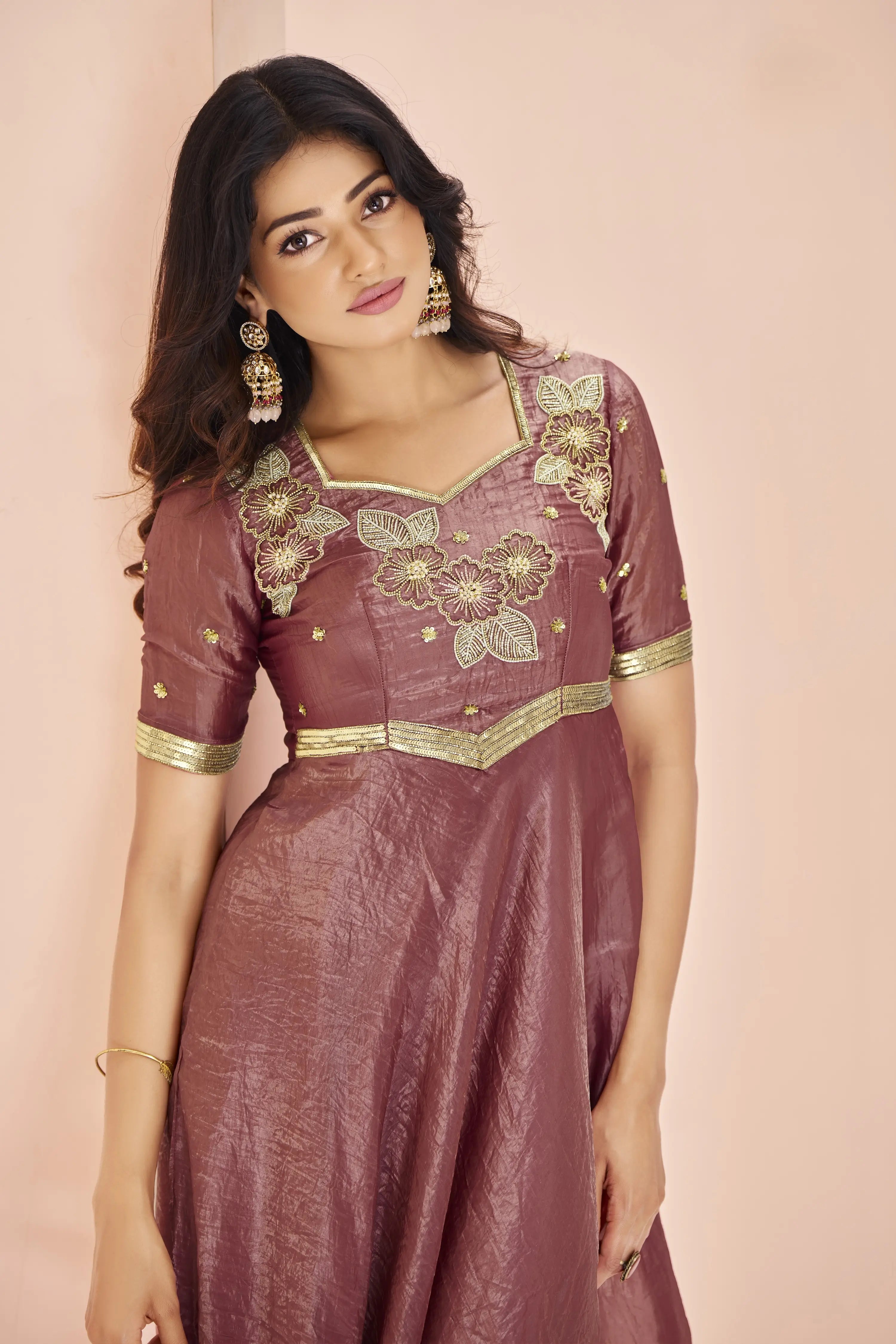 Coral Red Organza Kurta With Handwork