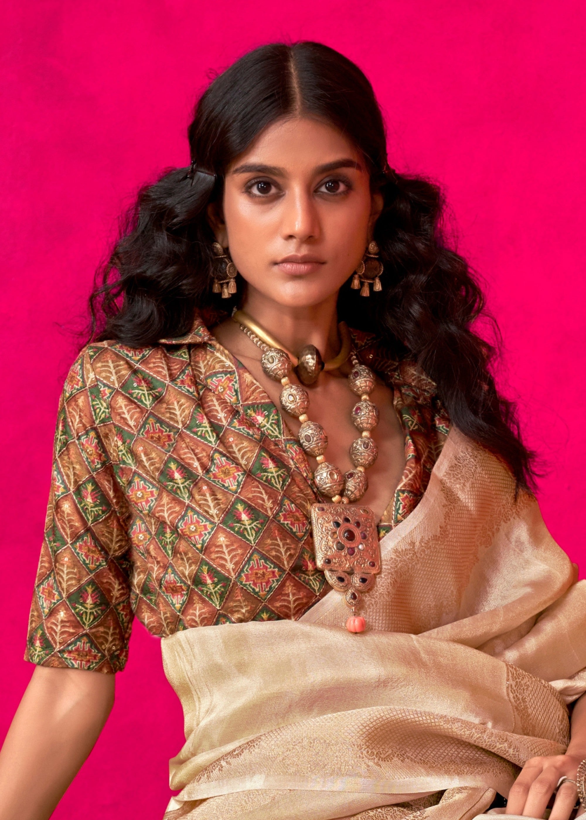 Beige Zari Tissue Silk Saree With Weaving Border - qivii