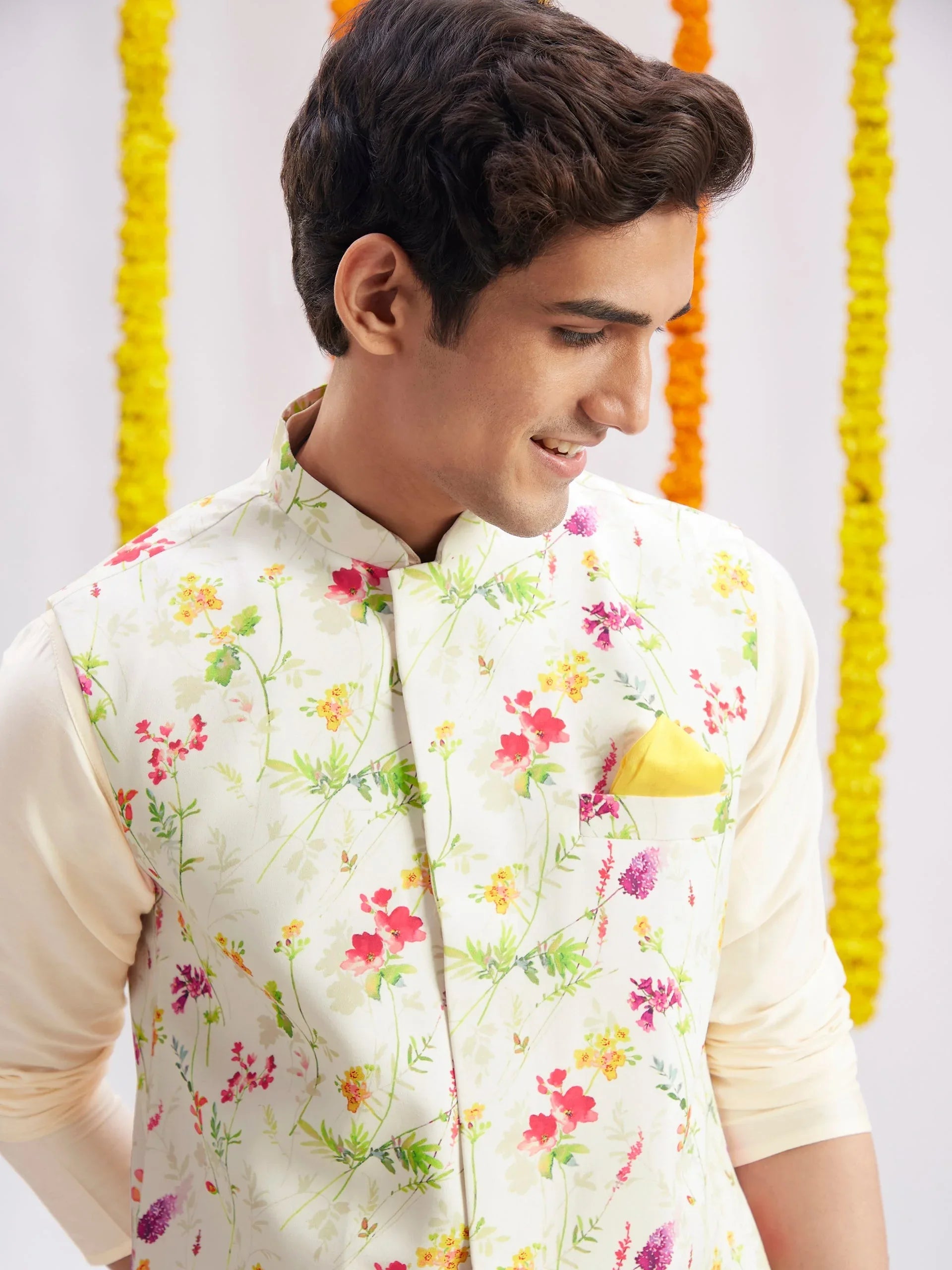 Cream Printed Nehru Jacket And Cream Solid Kurta With Pyjama Set