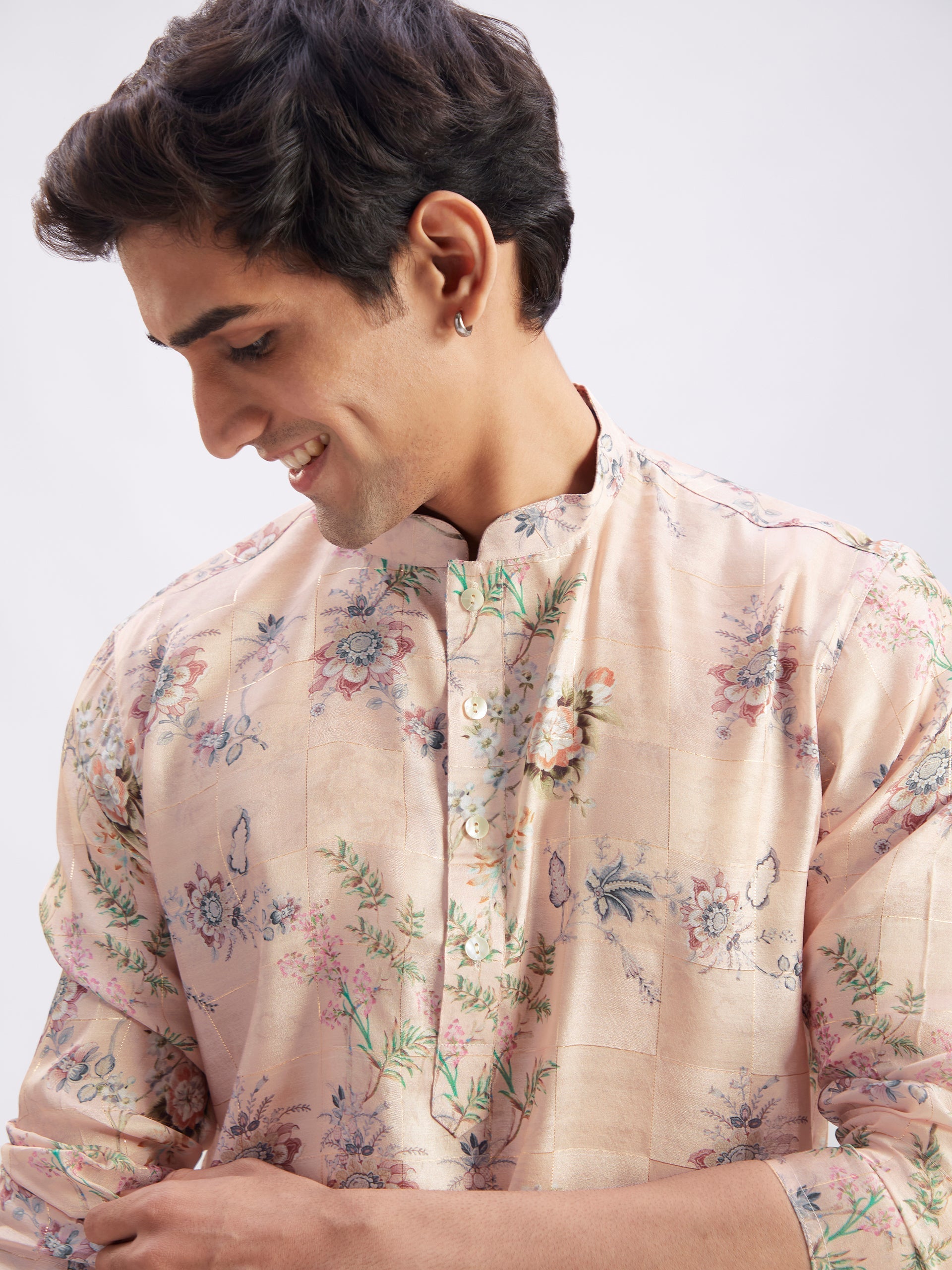 Men's Pink Floral Printed Silk Blend Kurta Pyjama Set
