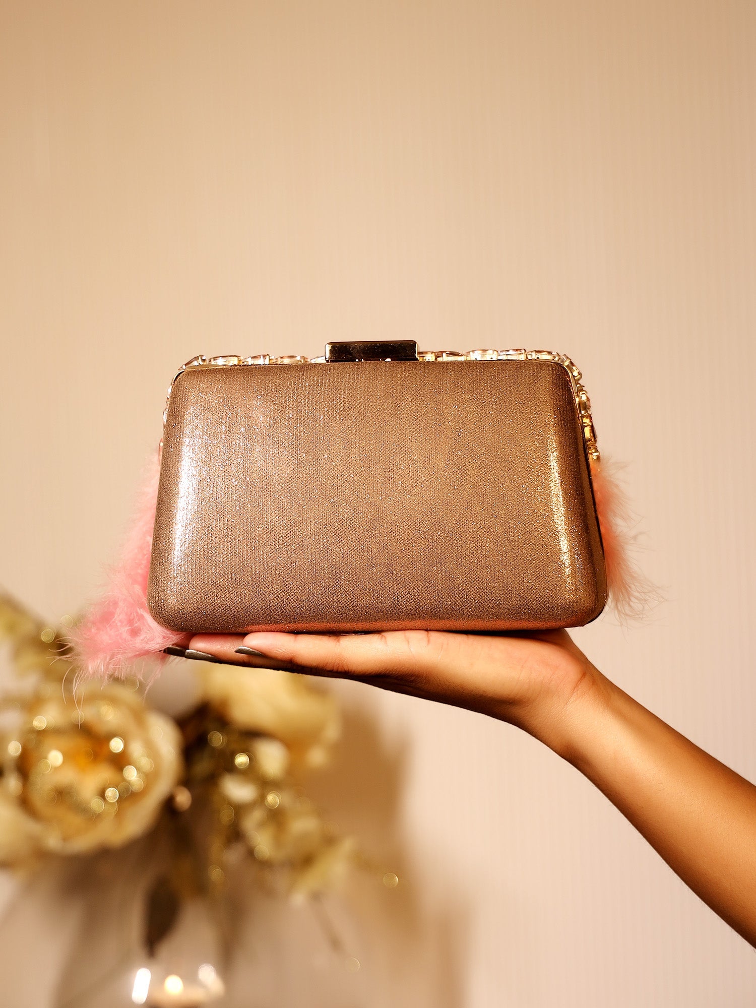 Camilla Rose Gold Feather Evening Clutch