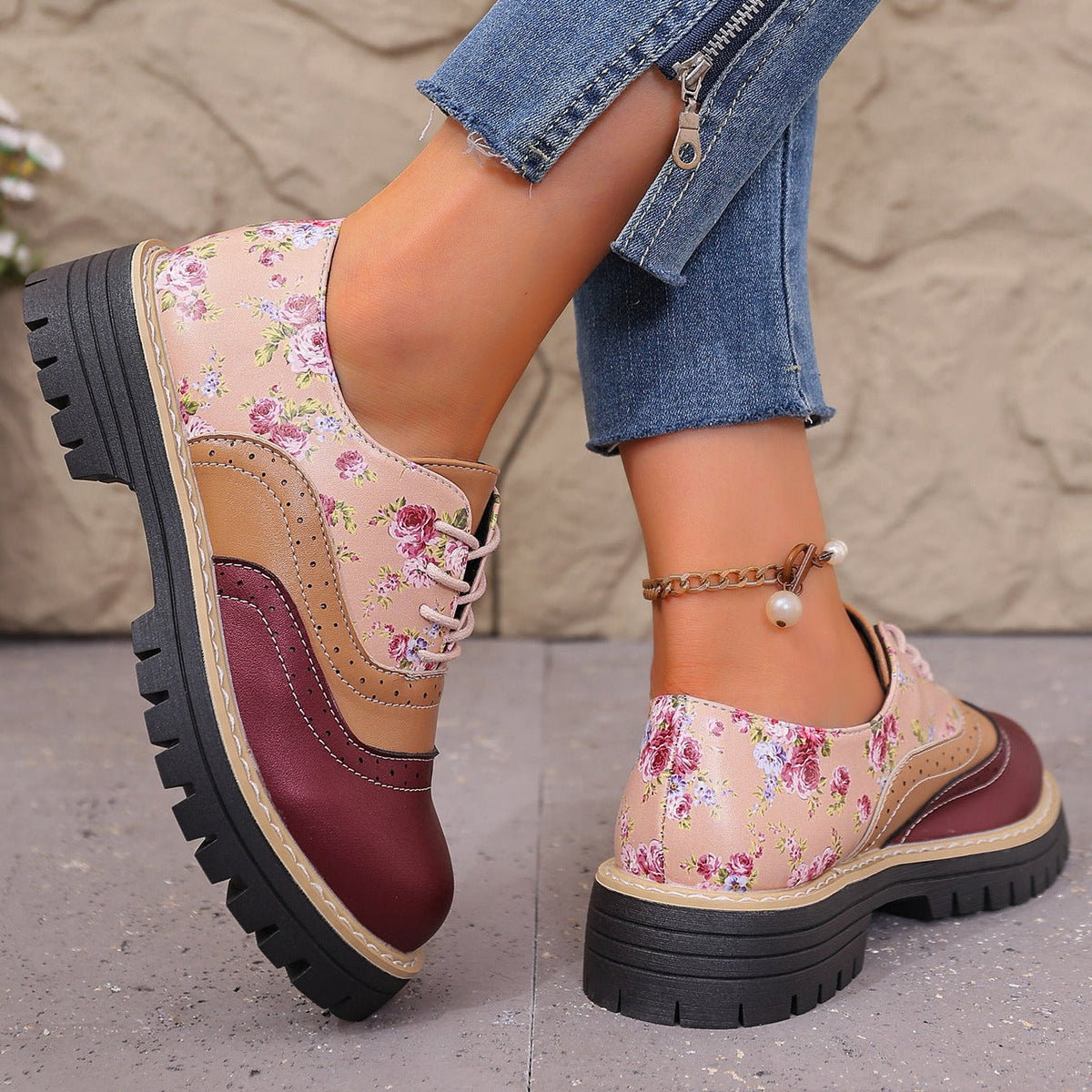 Women's Maribel Floral Brogue Shoes - Color-Block Chunky Platform Lace-Up Oxfords with Lug Sole (US 5-10.5)