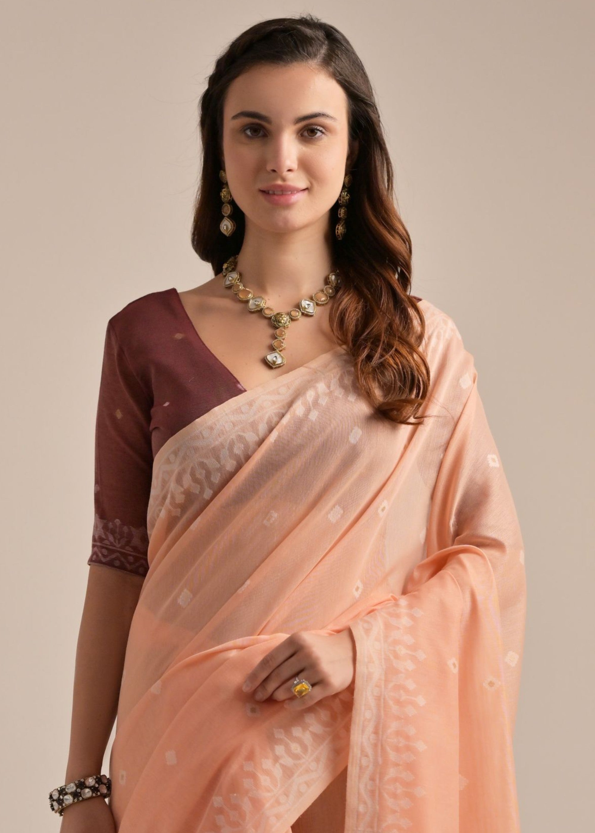 Peach Thread Butti Lakhnawi Weaves Muga Cotton Saree With Contrast Pallu - qivii