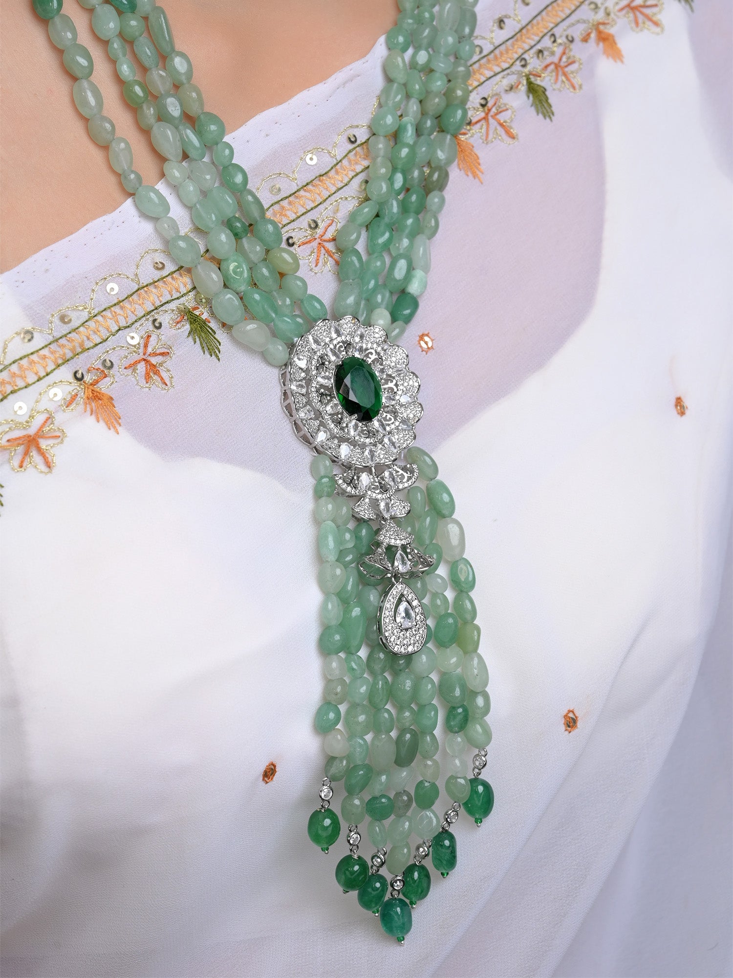 Ramya Emerald American Diamond & Beads Neckpiece - qivii