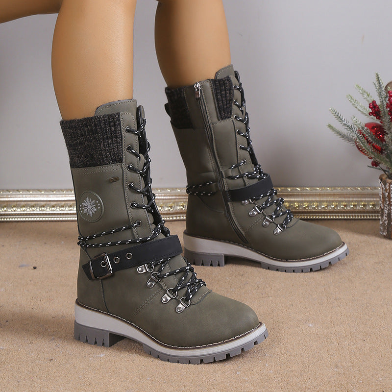 Women's Nordic Knit Combat Boot - High-Shaft Thermal Cotton Lined Snow Boots with Block Heel & Leather Accents Design (US 5-10.5)