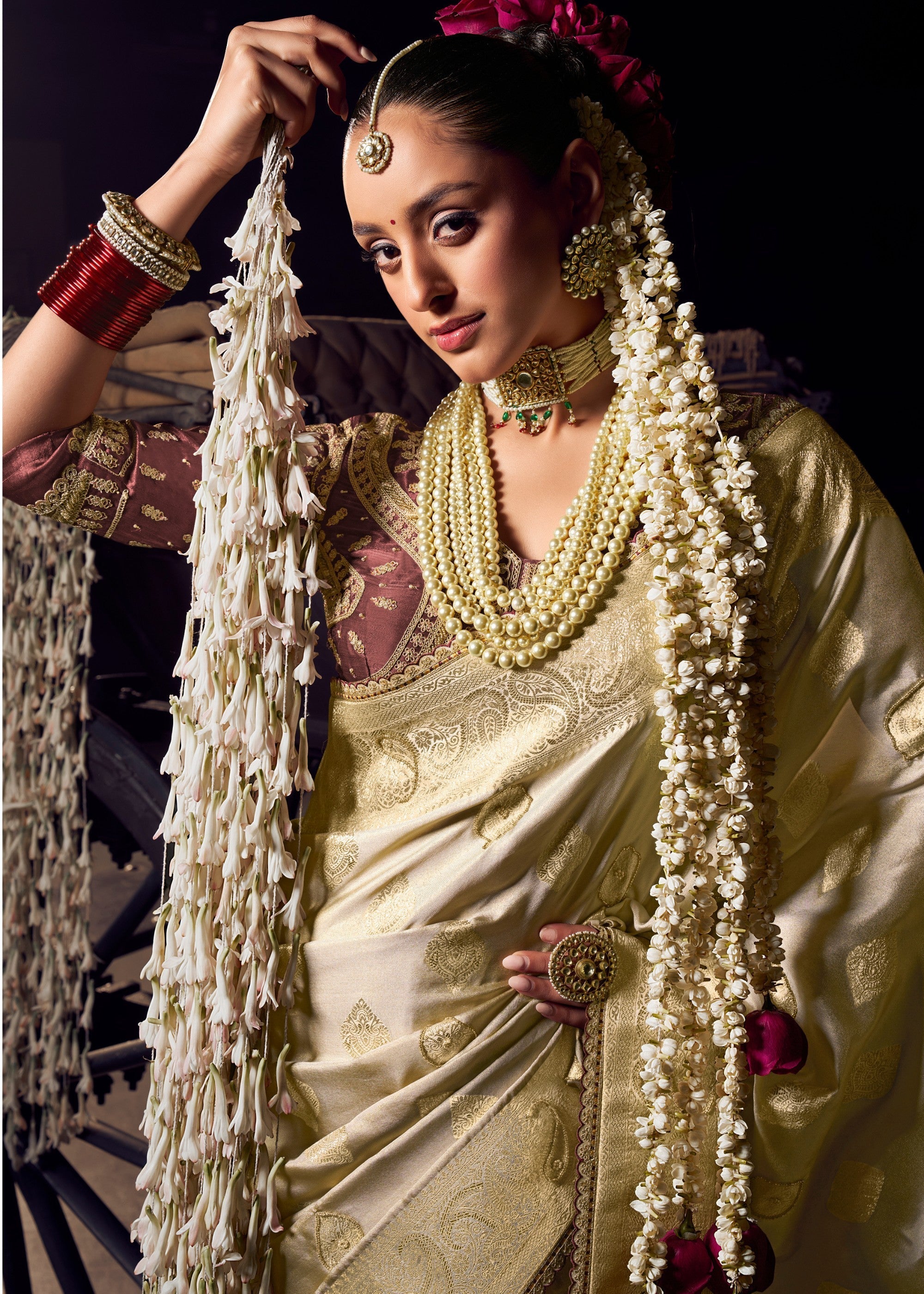 Pearl White Viscose Tissue Silk Saree with Handworked Pallu And Contrast Designer Blouse - qivii