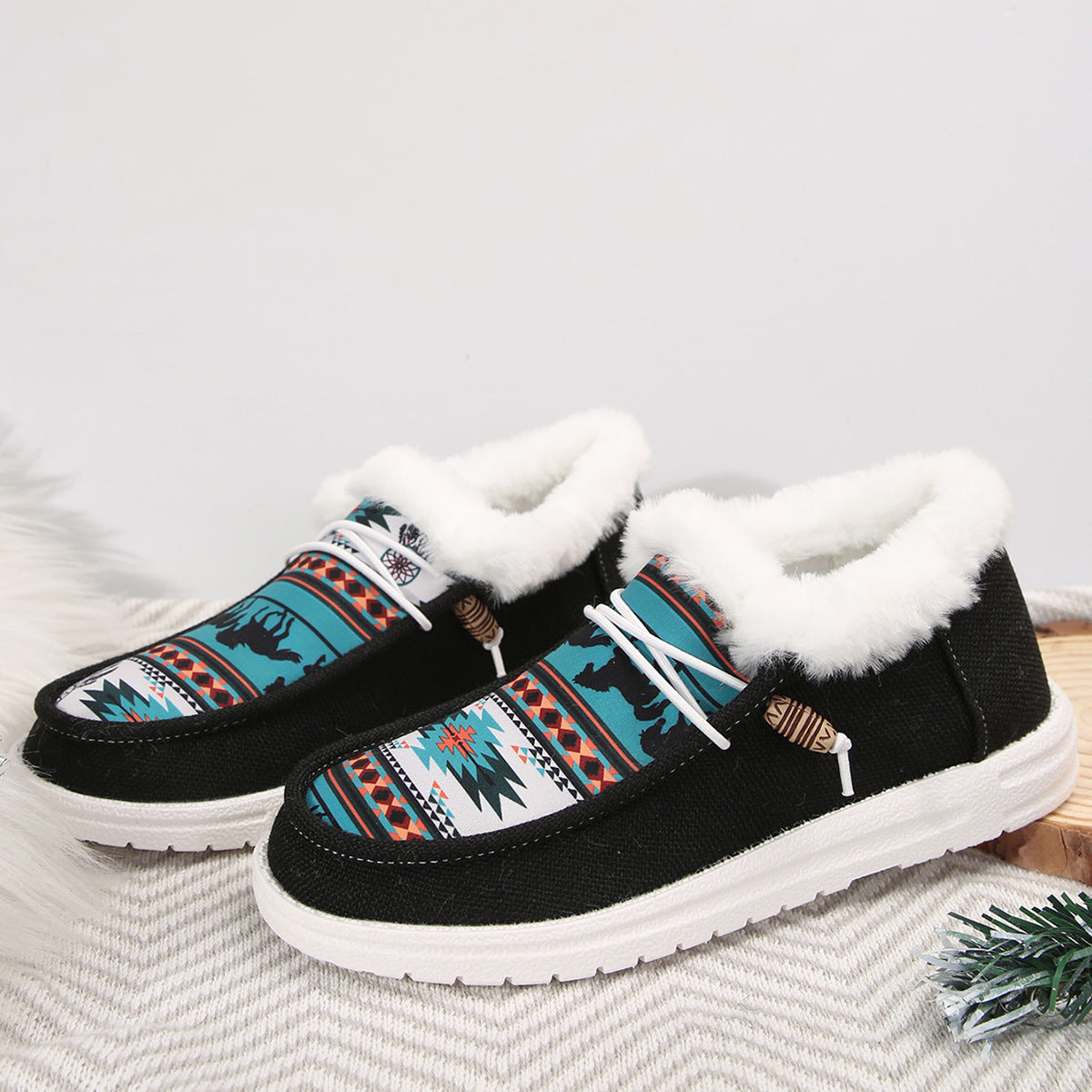 Women's Folklore Plush Flat Boots - Ethnic Print Lace-Up Winter Snow Shoes with Cozy Fleece Lining- US(5-10.5)