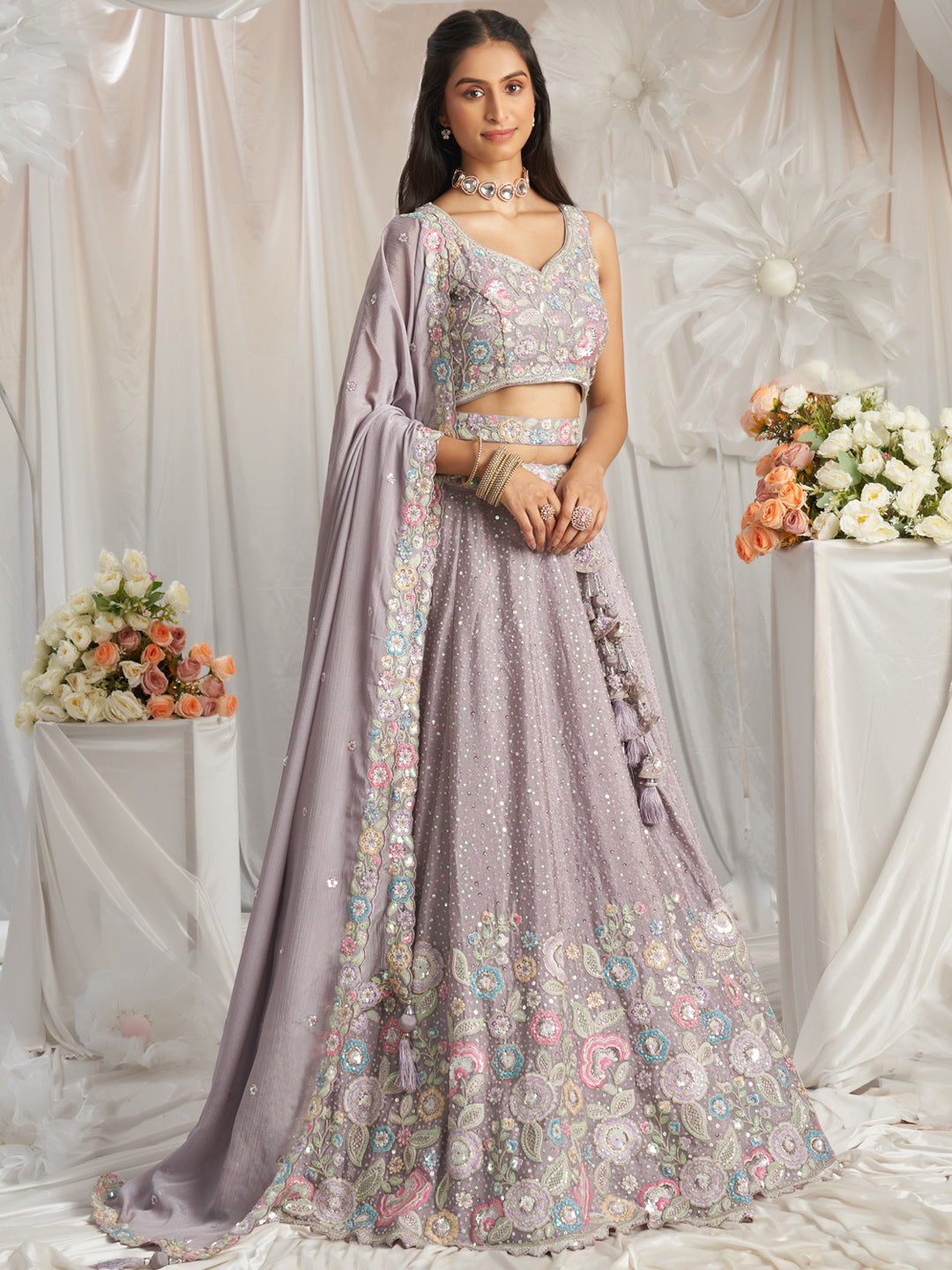 Lavender - Multi-Color Thread,Sequin Heavy Embroidered Pastel Color Chiffon Semi-Stitched Lehenga - qivii
