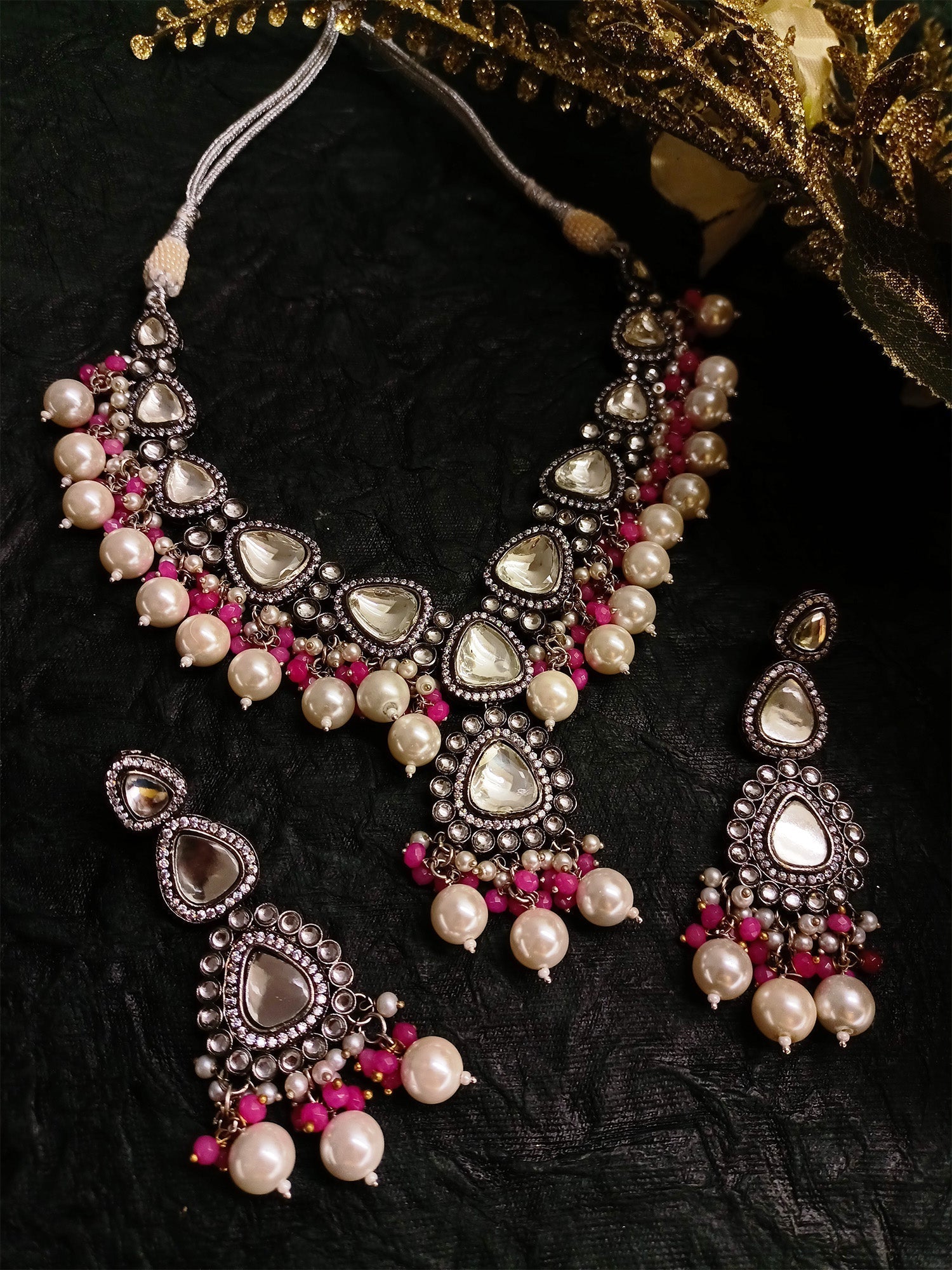 Handcrafted Poornima Pink Kundan Necklace Set with intricate gold detailing