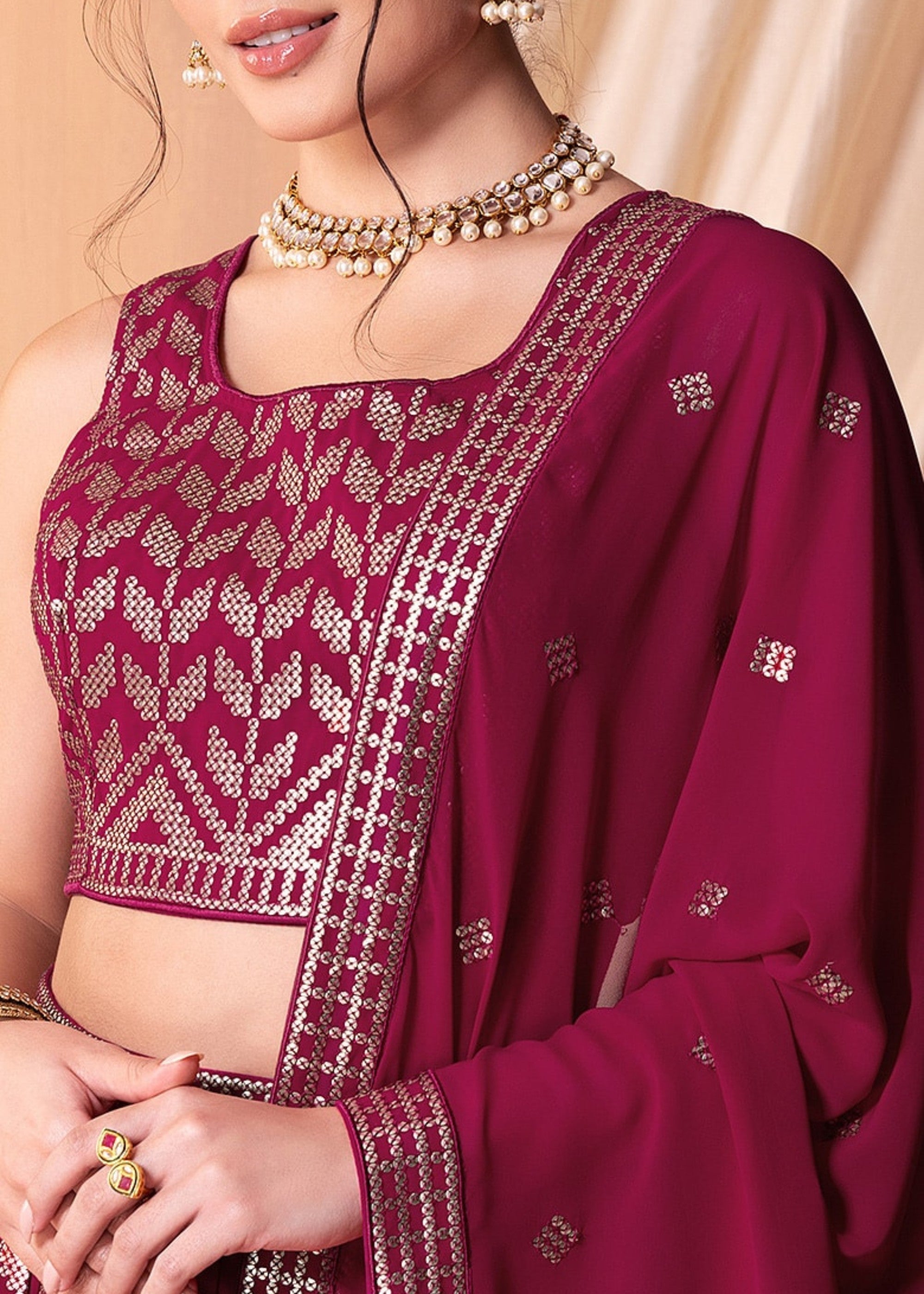 Ruby Pink Georgette Lehenga Choli With Sequins And Thread Embroidery Work | Ready To Wear - qivii