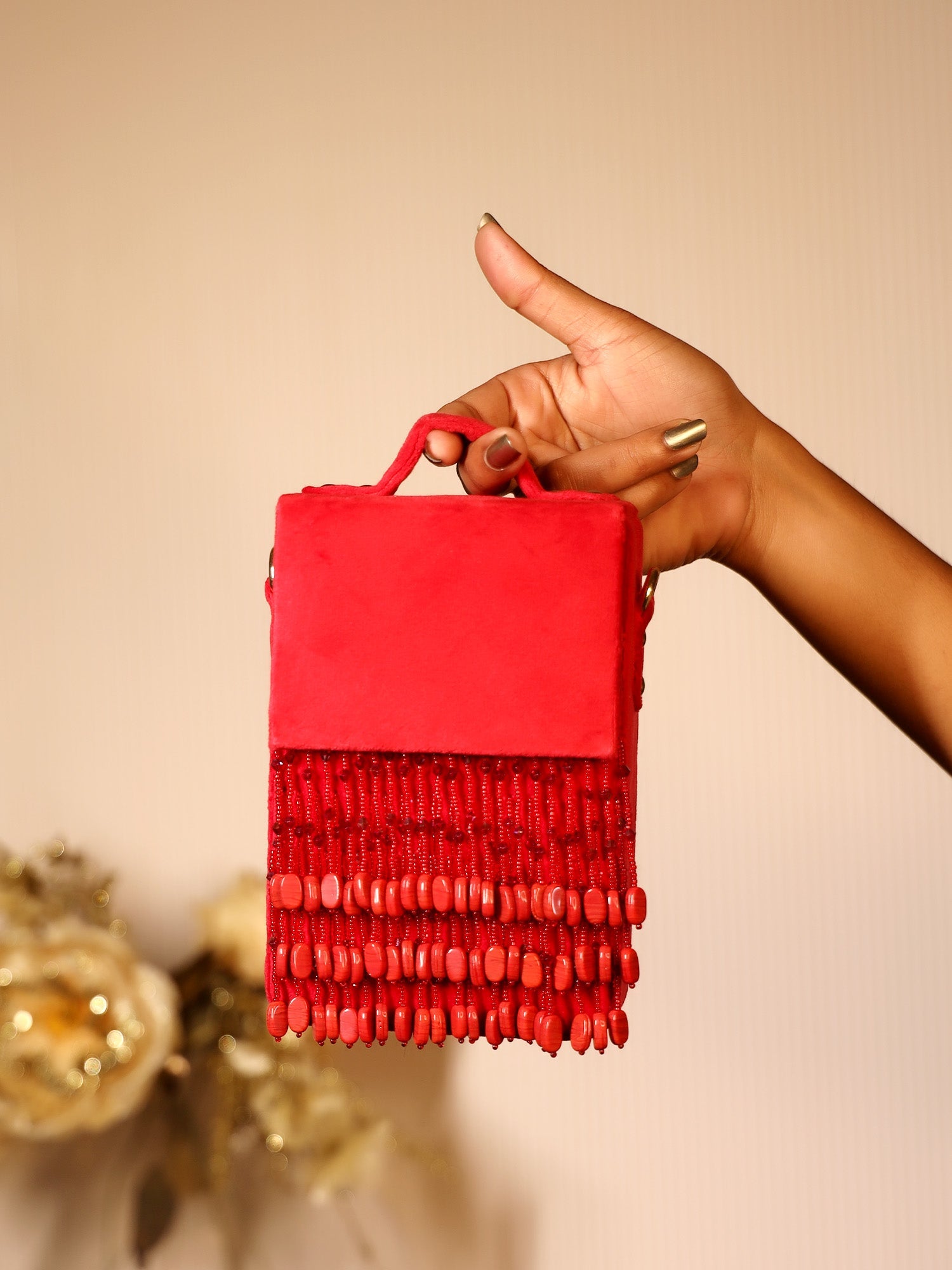 Jasmeet Maroon Clutch Bag With Maroon Beads