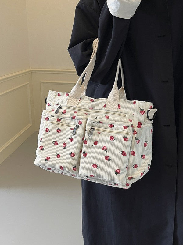 Women's Corduroy Cherry Print Tote Bag – Versatile Women's Strawberry Shoulder & Crossbody Large Capacity Mommy Bag