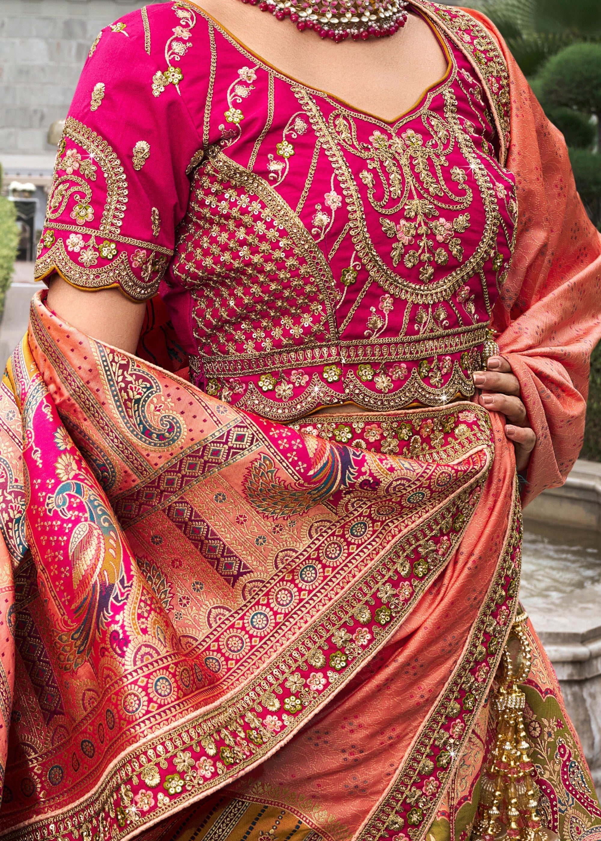 Orange & Pink Banarasi Silk Lehenga with Zarkan Codding work | Ready To Wear - qivii