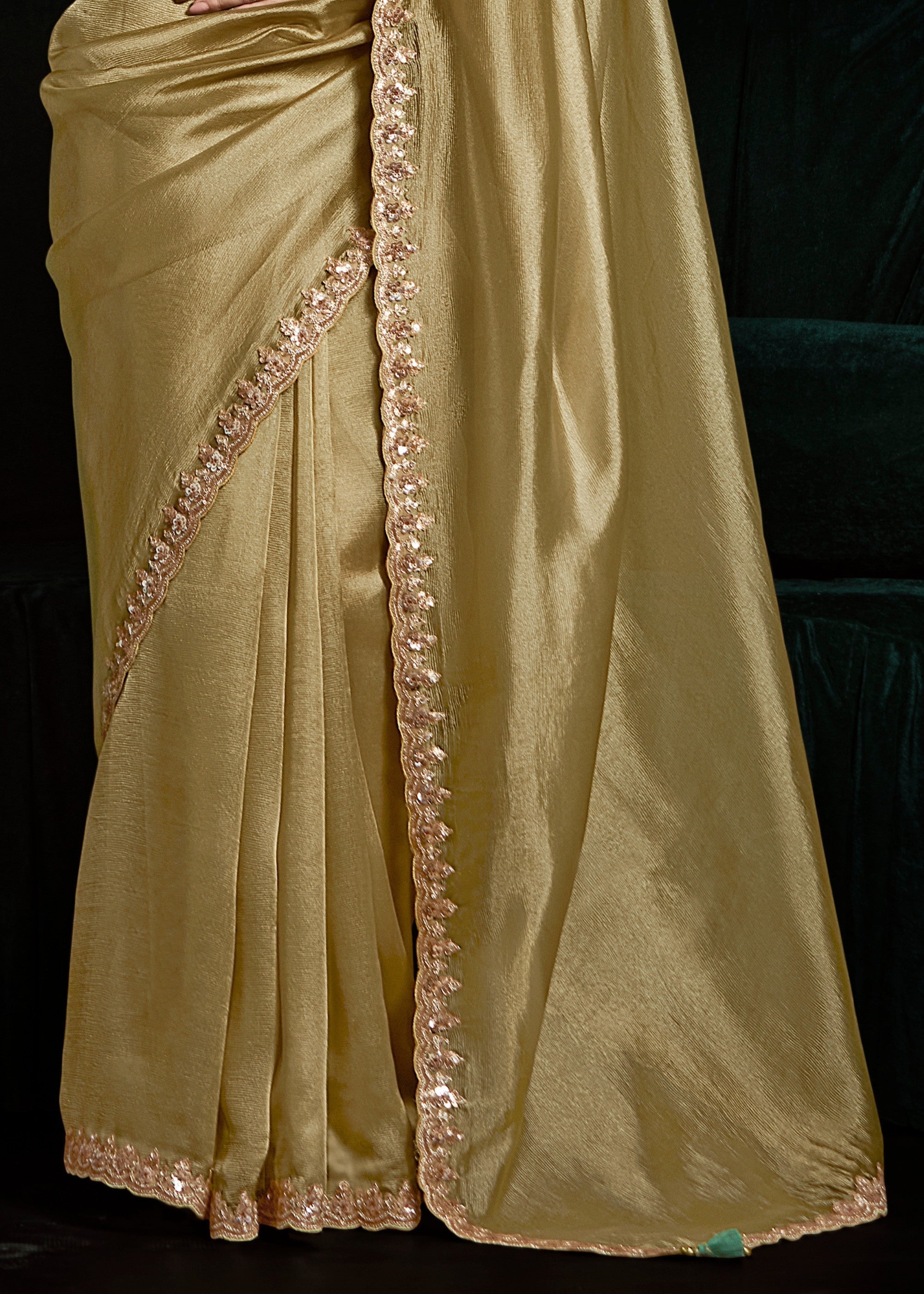 Golden Fancy Fabric Silk Saree With Sequins And Thread Embroidered Butti Work - qivii