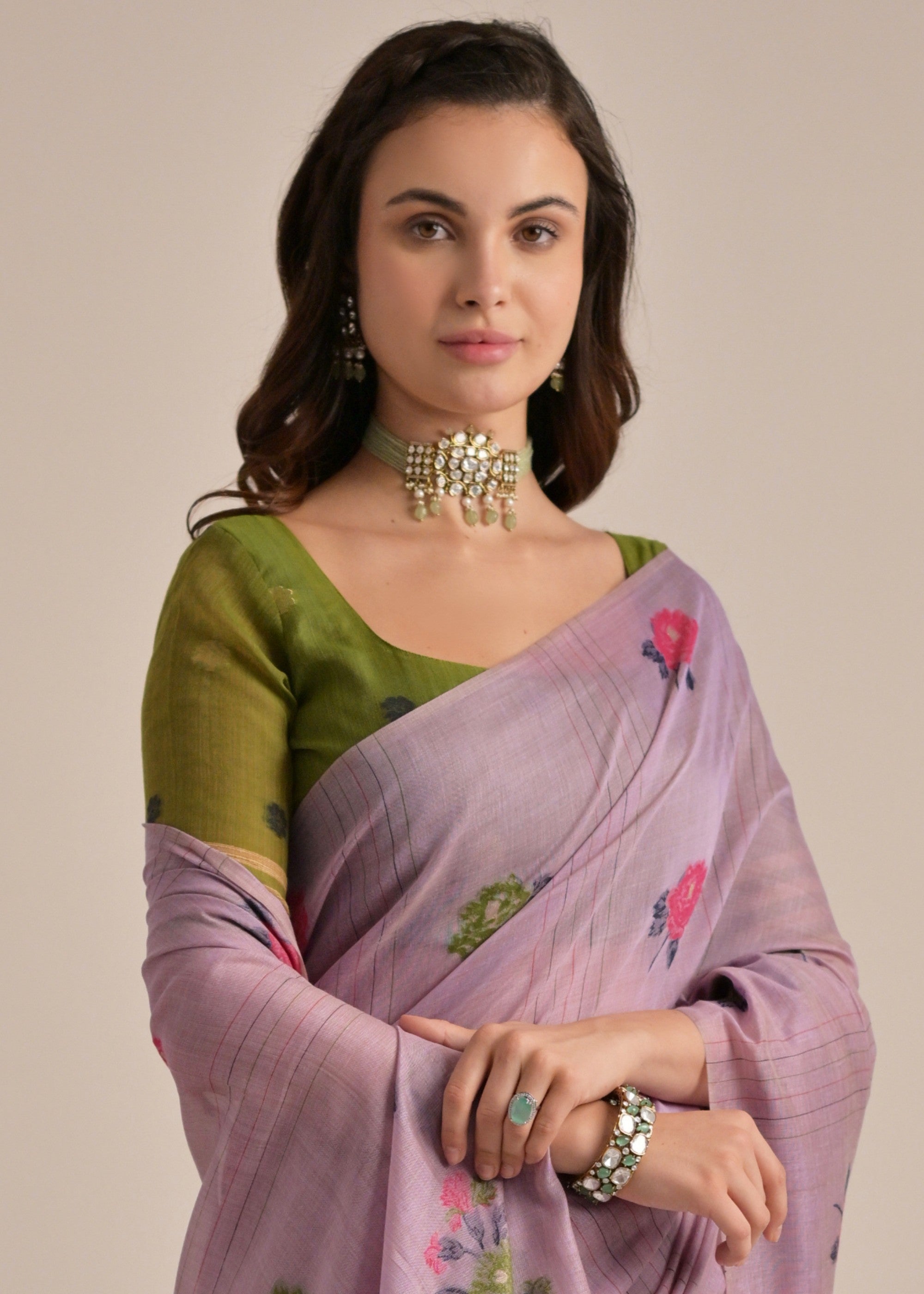 Thistle Purple Thread Woven Cotton Saree With Contrast Blouse - qivii