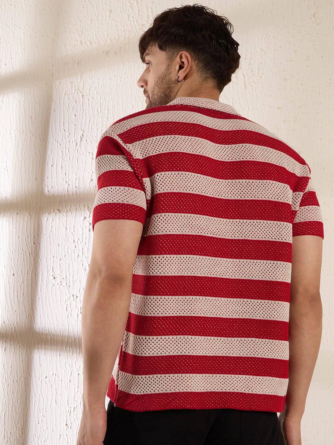 Red Striped Crochet Knitted Shirt - qivii