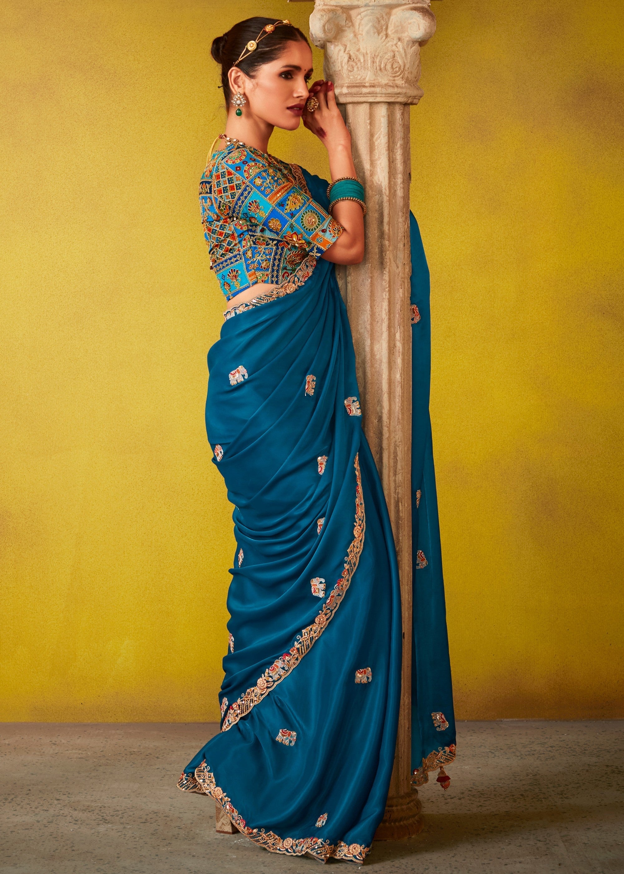 Teal Blue Glass Tissue Silk Saree With Sequins And Thread Embroidered Work - qivii