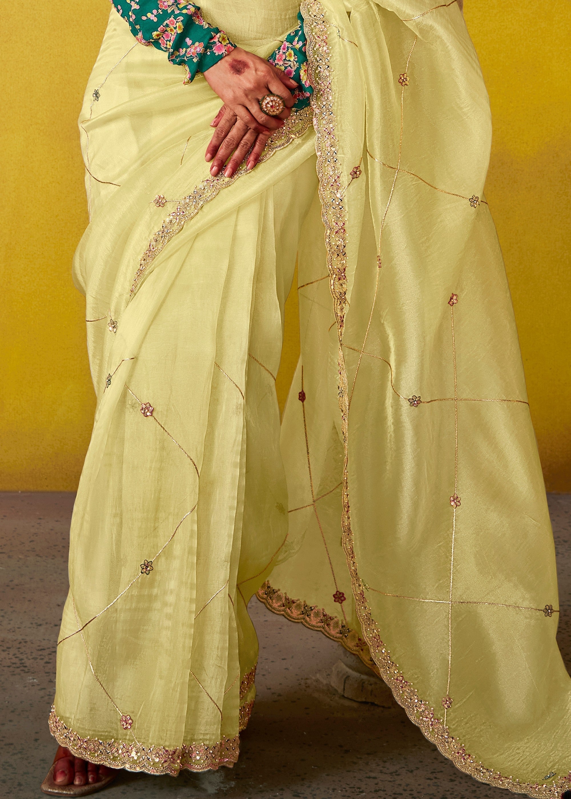 Lemon Yellow Glass Tissue Silk Saree With Sequins And Thread Embroidered Work - qivii