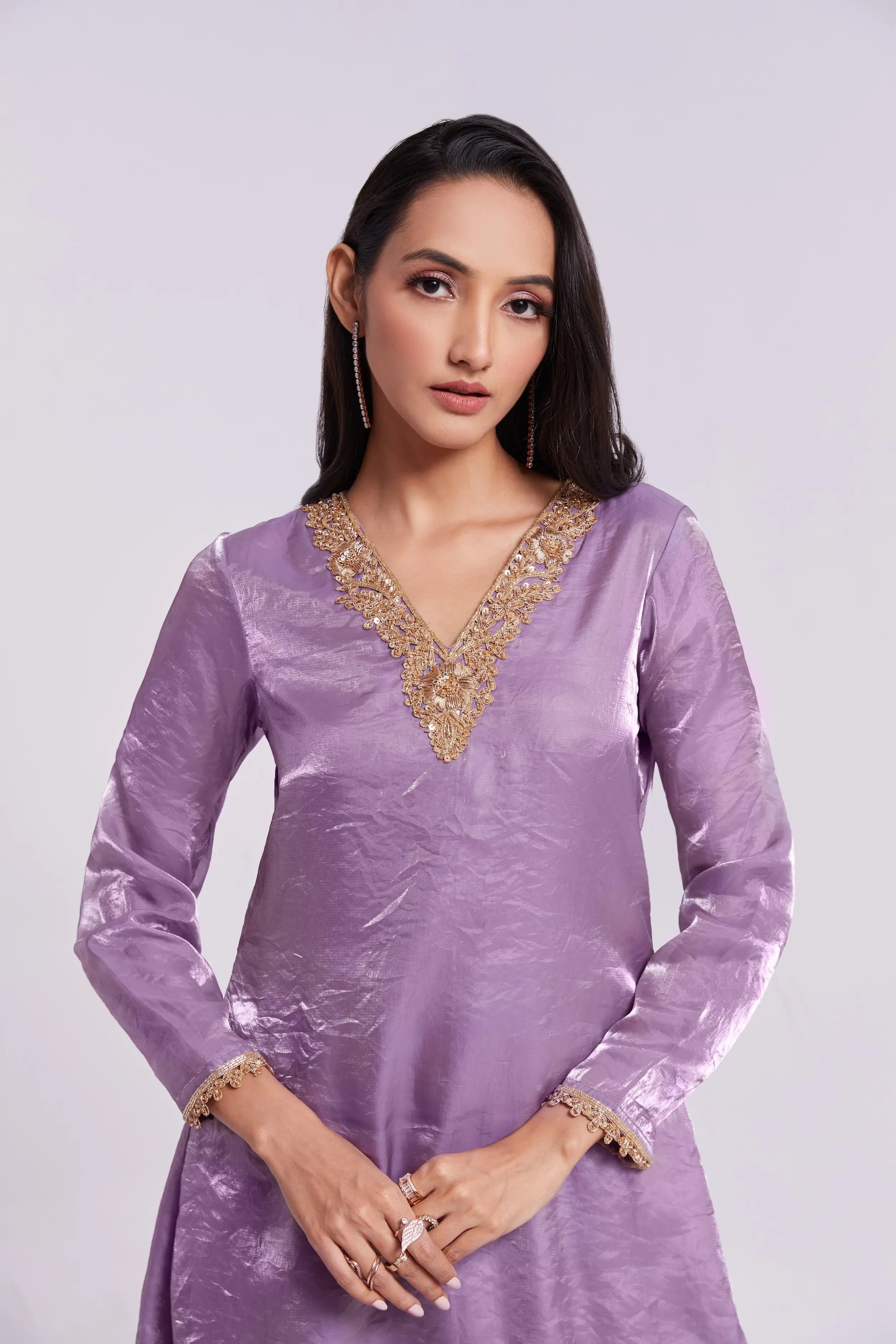 Lilac Purple Pure Organza Salwar Suit With Handwork - qivii