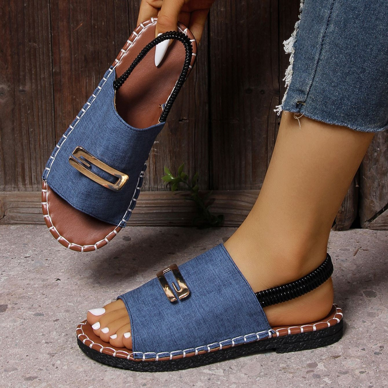 Women's Plus Size Single-Strap Canvas Sandals - Hand-Stitched Round-Toe Flats with Metallic Buckle