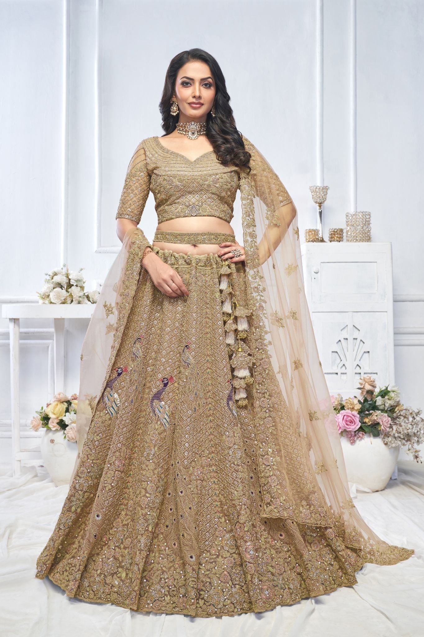 Graceful Brown Embroidered Bridal Wear Lehenga - qivii