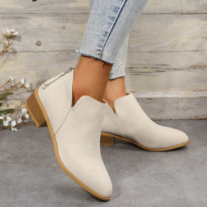 Plus Size Women's British-Inspired Solid-Color Pointed Toe Casual Fashion Boots with Rear Zipper & Low Chunky Hee