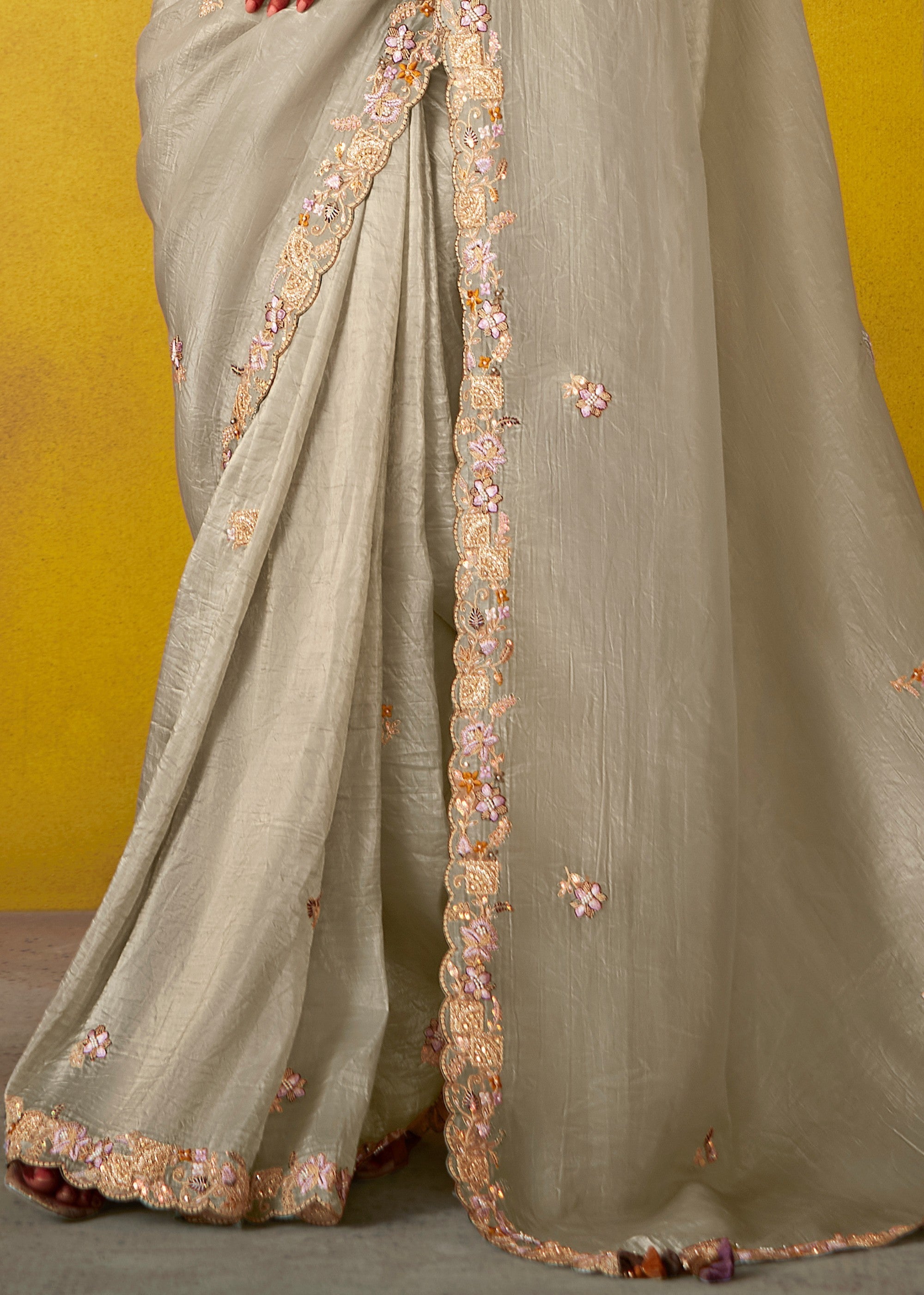Rhino Grey Glass Tissue Silk Saree With Sequins And Thread Embroidered Work - qivii