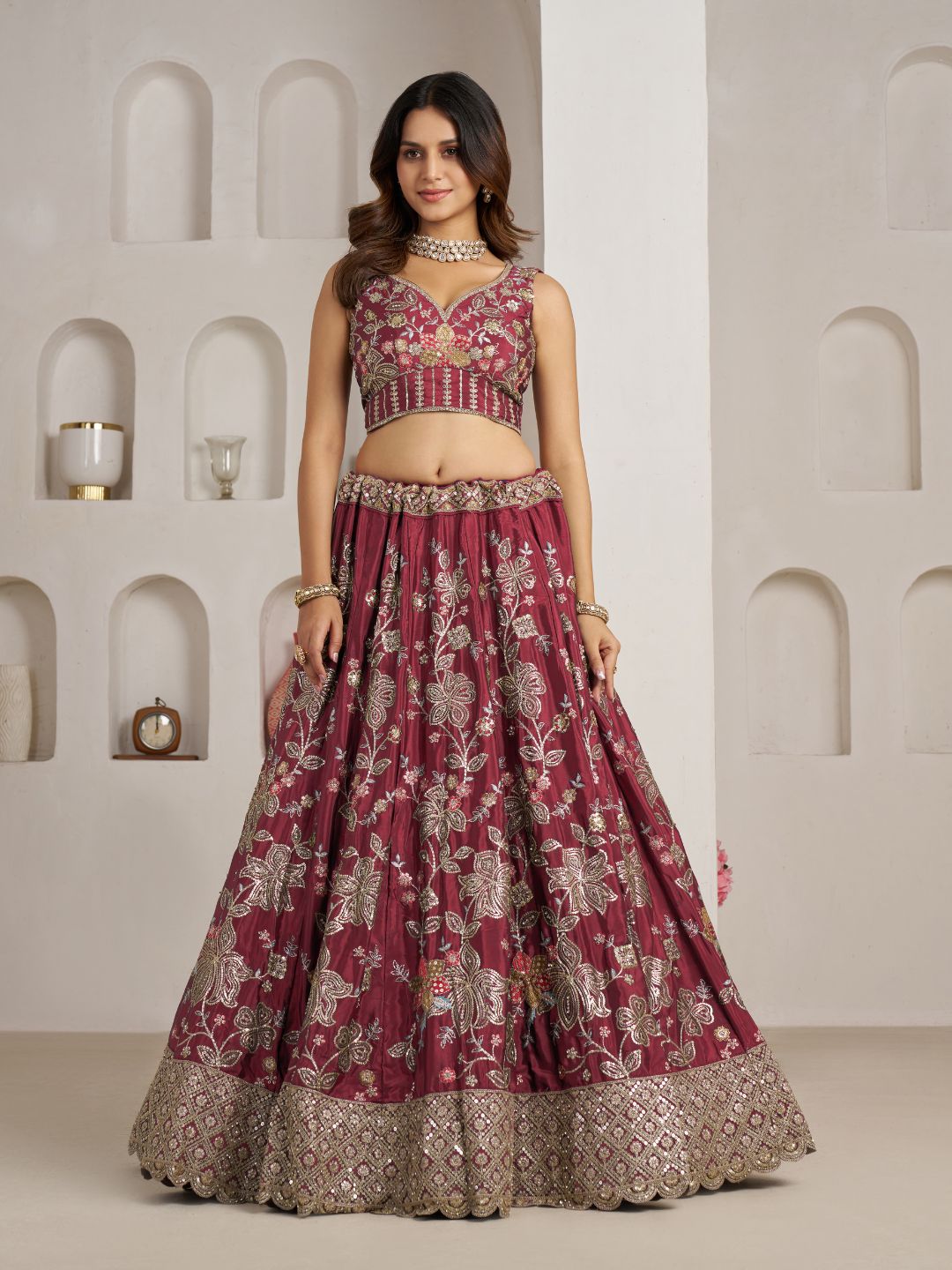 Stylish Maroon Lehenga Choli with Rich Golden Floral Craftsmanship