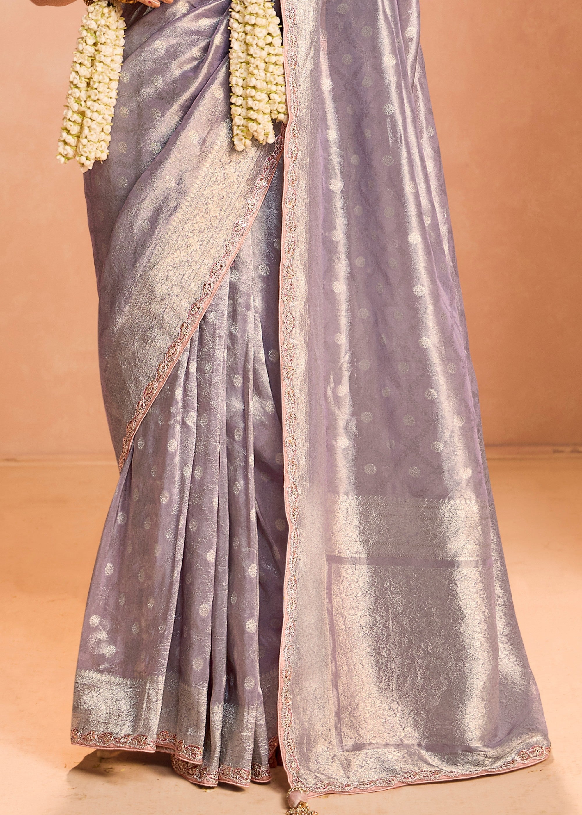 Periwinkle Purple Zari Tissue Silk Saree With Weaving Work And Heavy Embroidery Lace - qivii