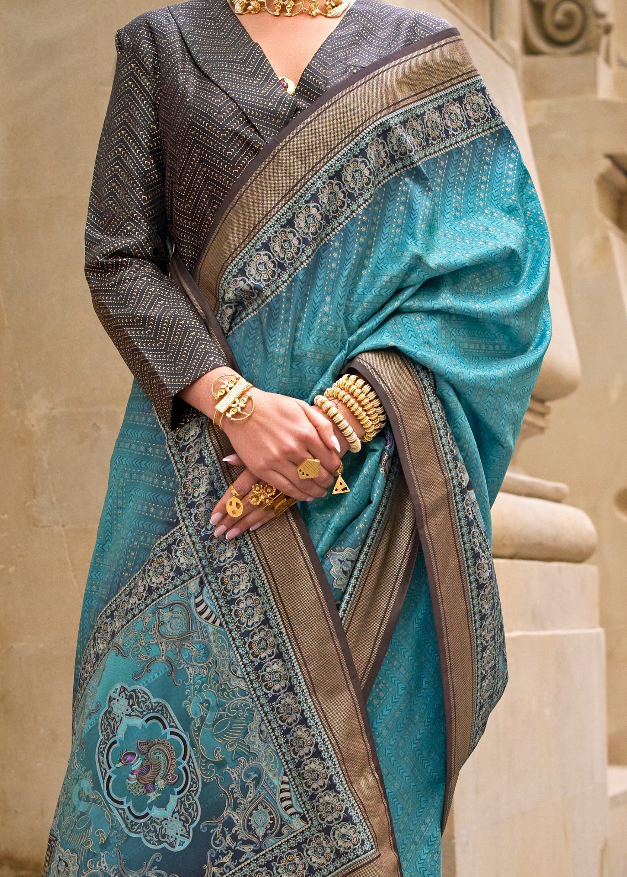 Sapphire Blue Poly Viscose Silk Saree With Foil Print - qivii