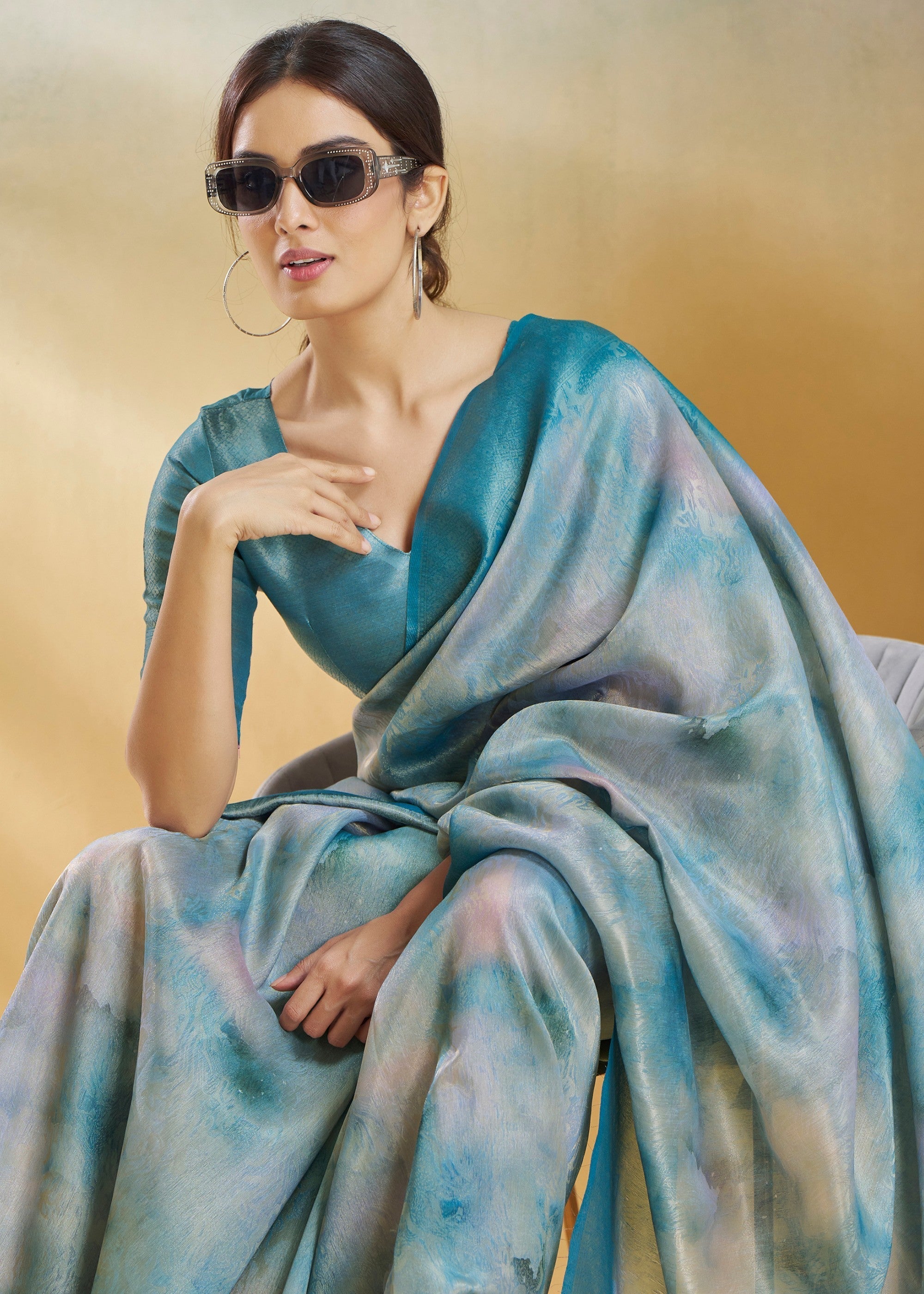Ocean Blue Handloom Weaving Silk Saree - qivii
